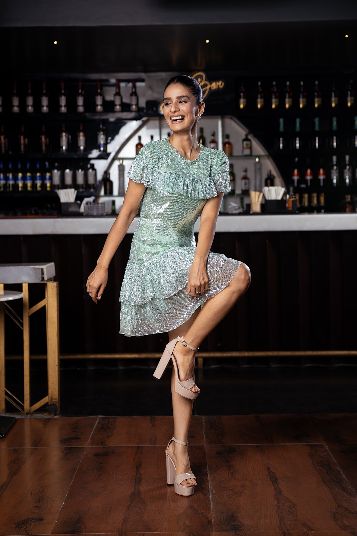 PRETTY PLEASE GREEN RUFFLE DRESS