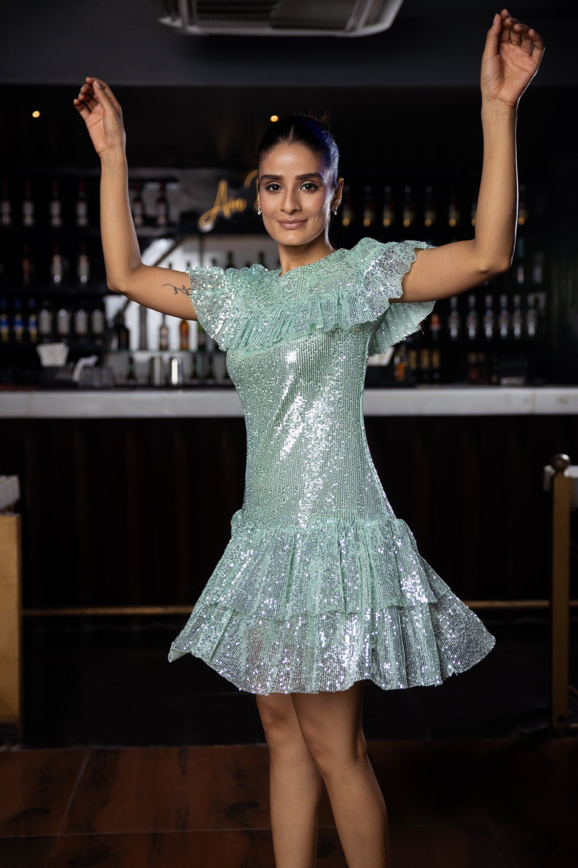 PRETTY PLEASE GREEN RUFFLE DRESS