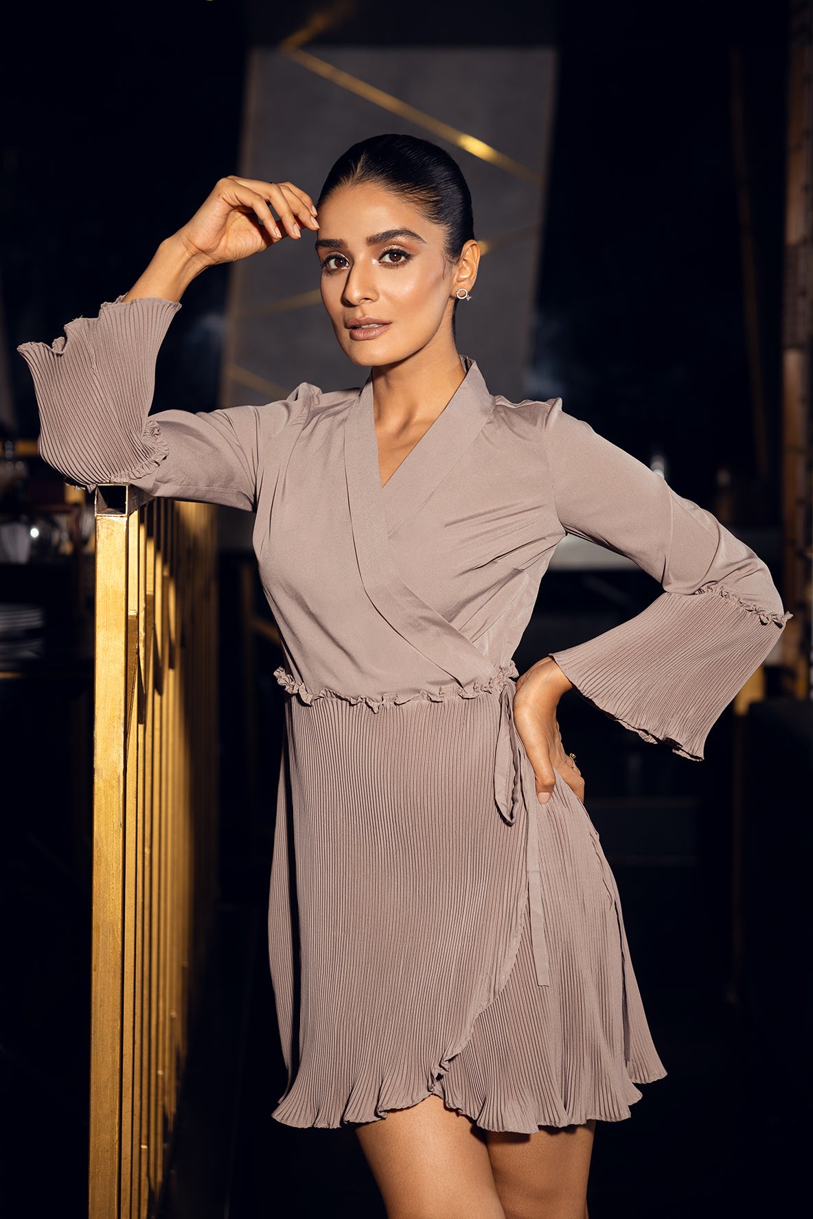 PLEATED WRAP BEIGE DRESS