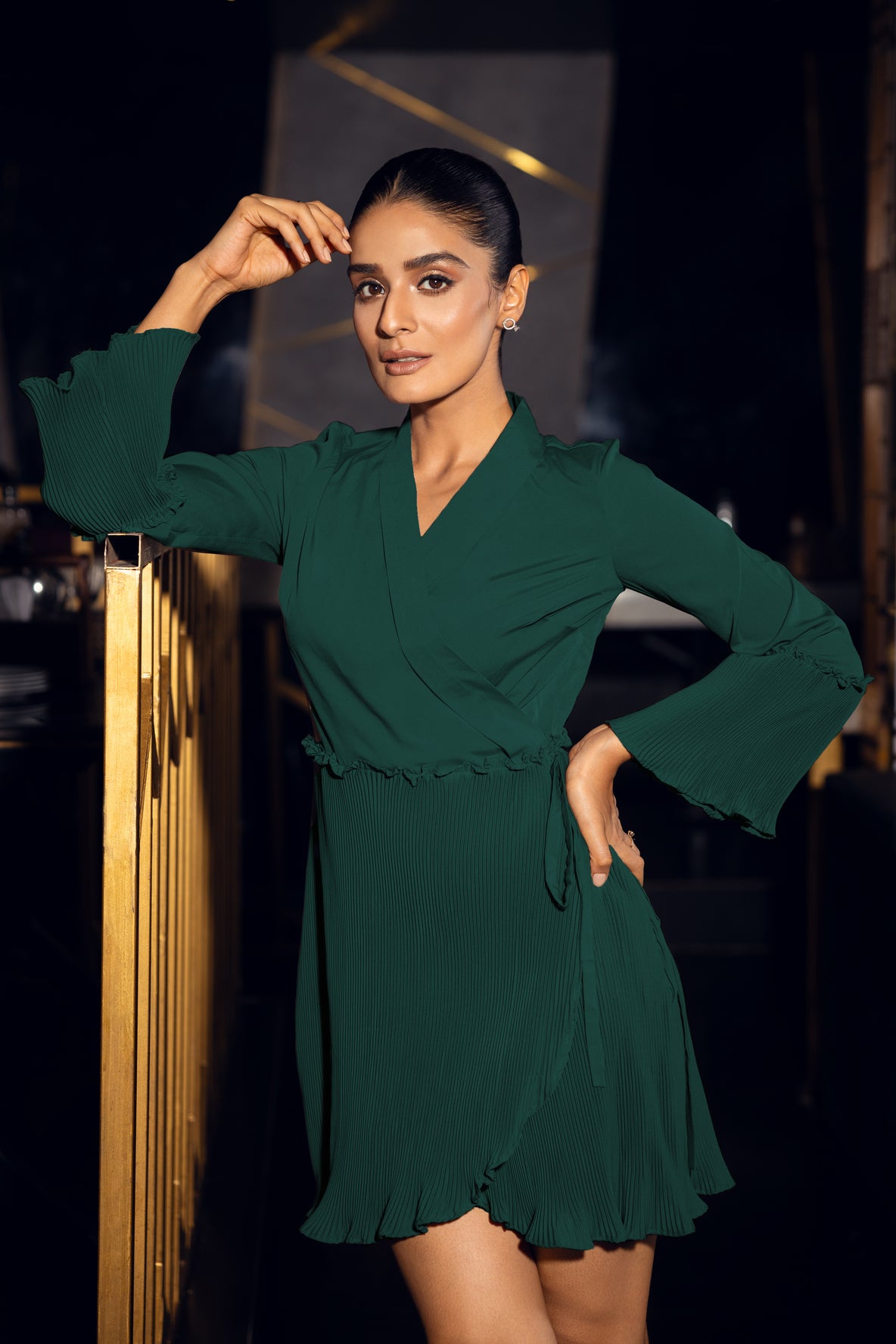 PLEATED WRAP GREEN DRESS