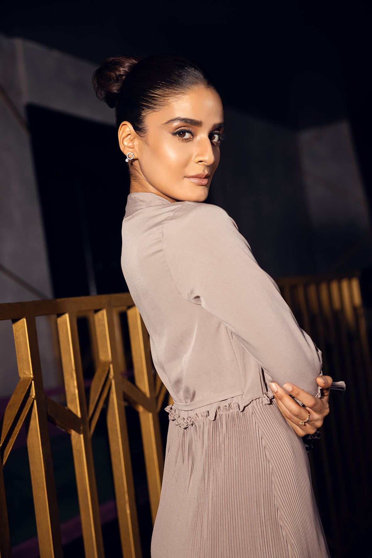 PLEATED WRAP BEIGE DRESS