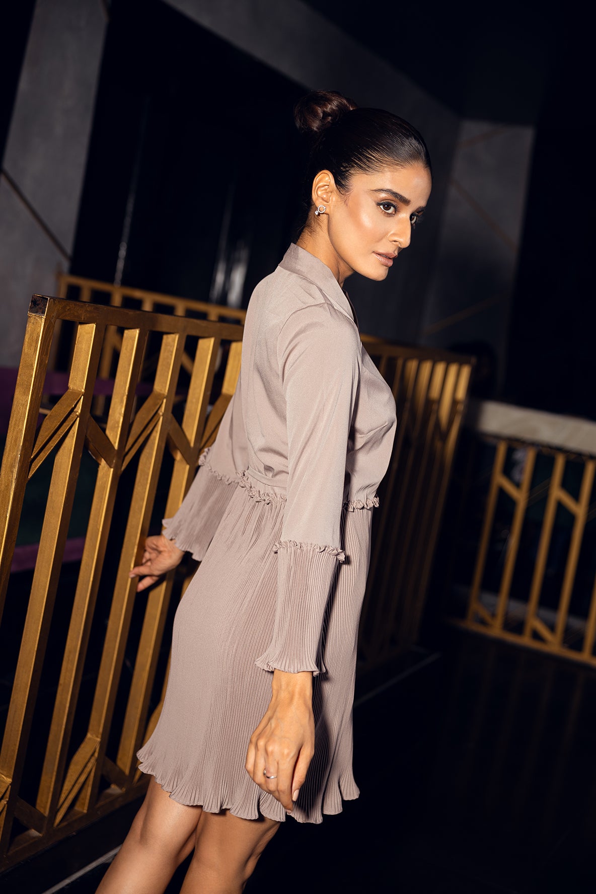 PLEATED WRAP BEIGE DRESS