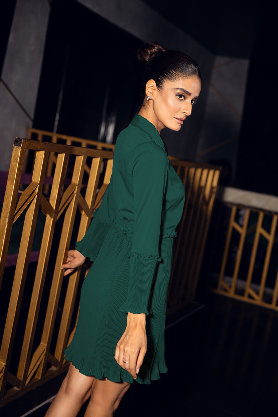 PLEATED WRAP GREEN DRESS