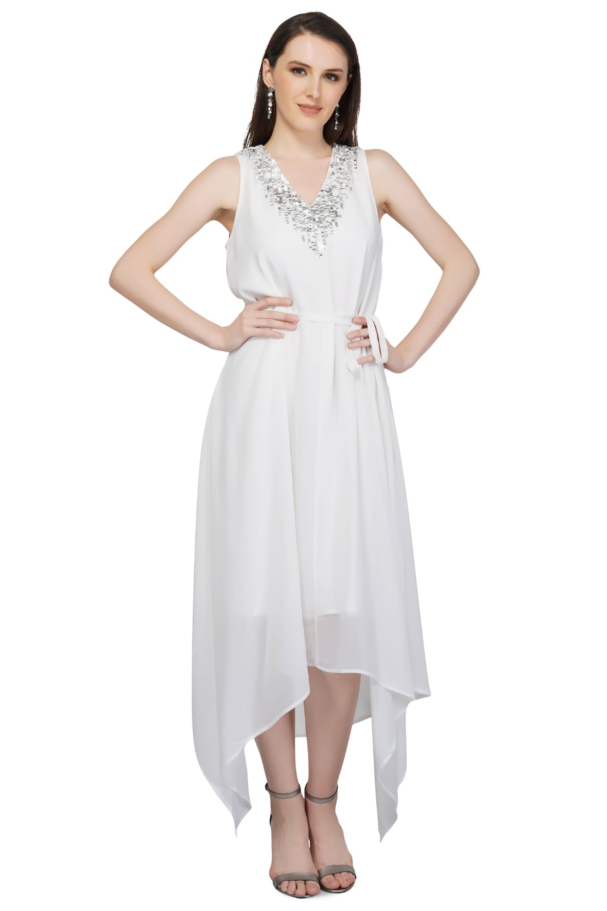 White & Silver Sequins Embellished Dress