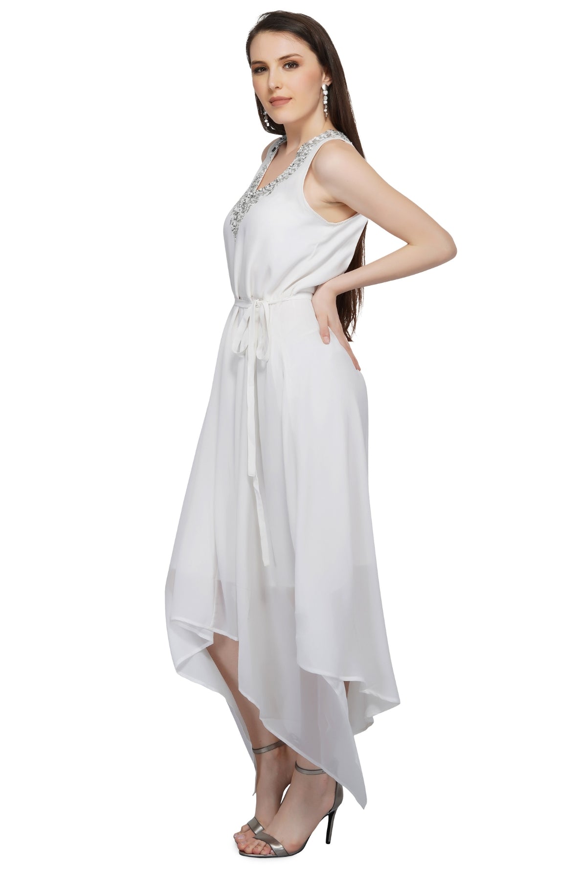 White & Silver Sequins Embellished Dress