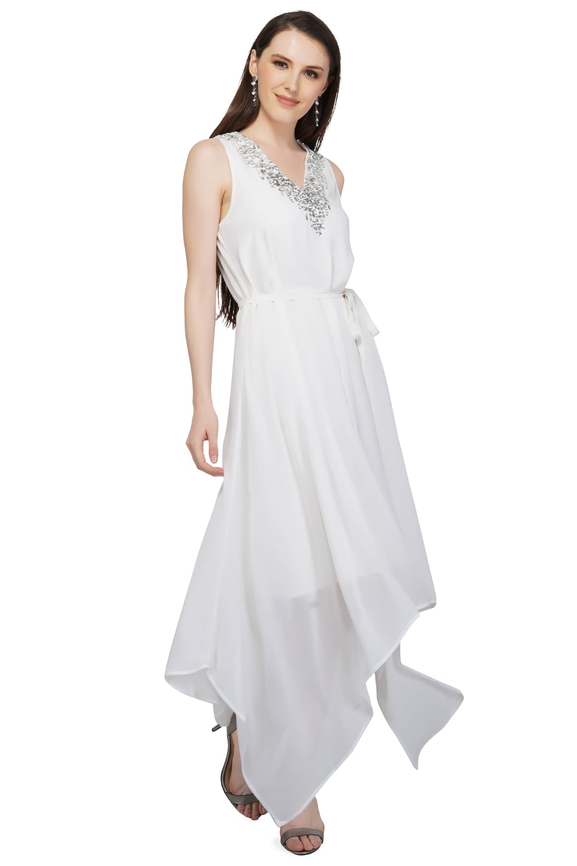 White & Silver Sequins Embellished Dress