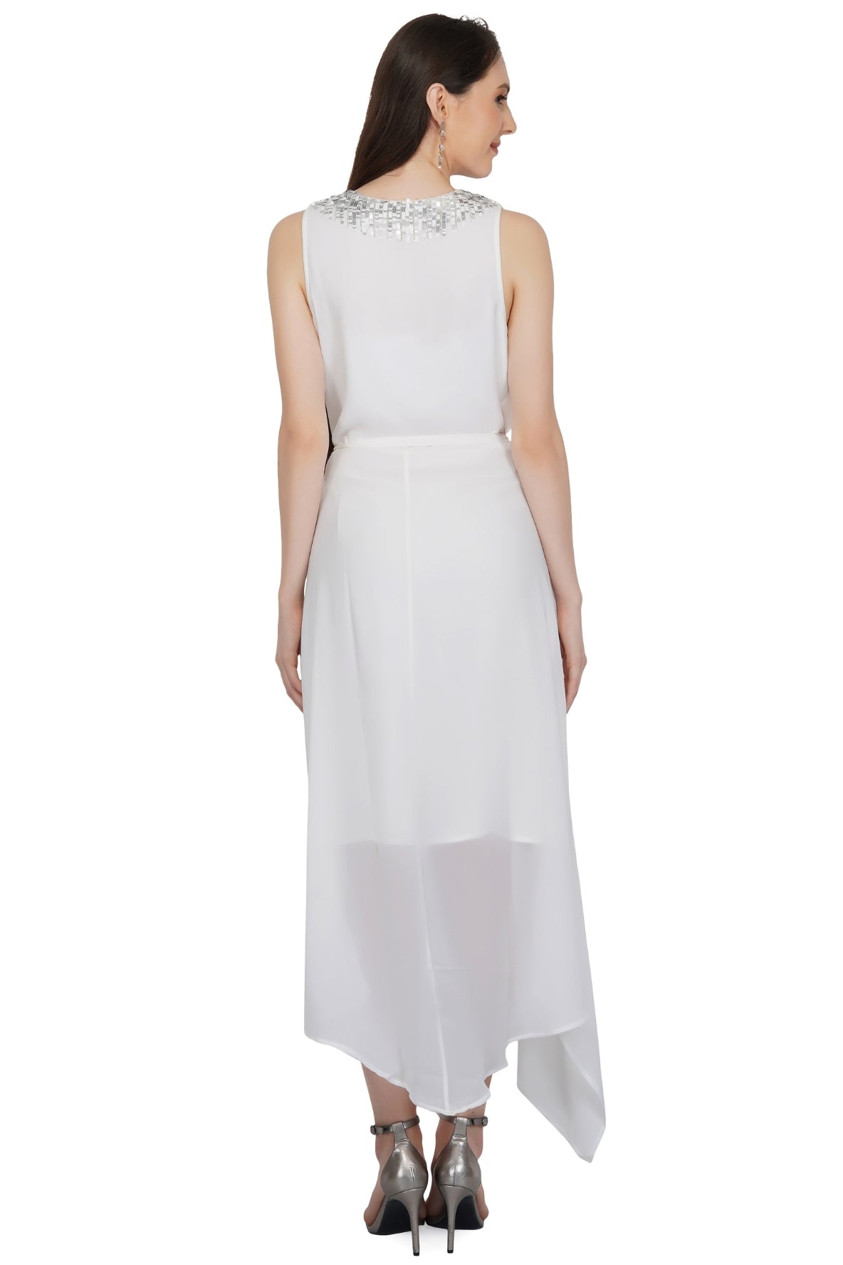 White & Silver Sequins Embellished Dress