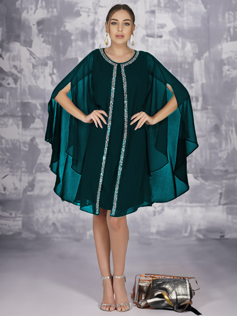Teal Mantle Style Layered Dress