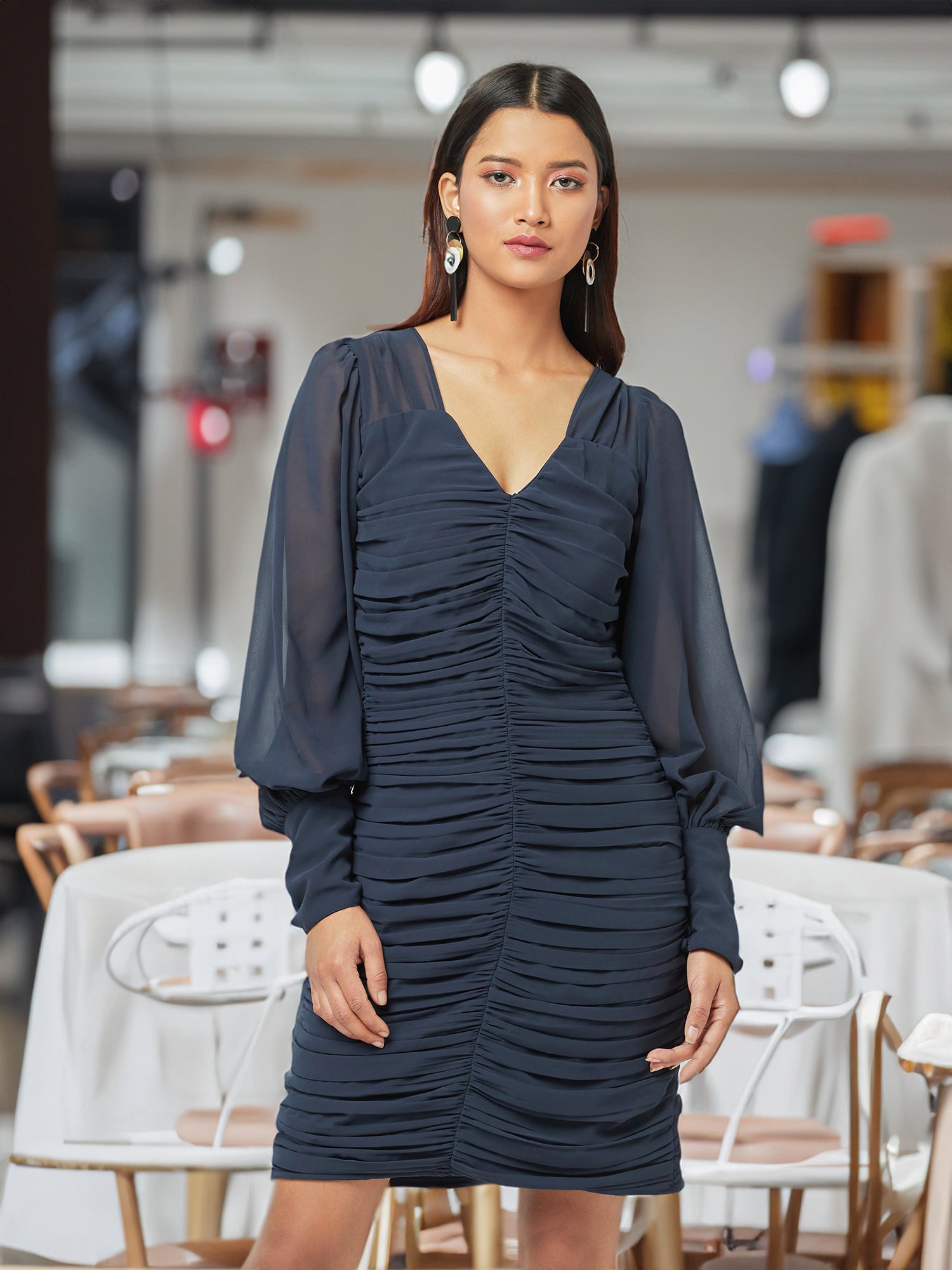 Blue Ruched Mini Dress