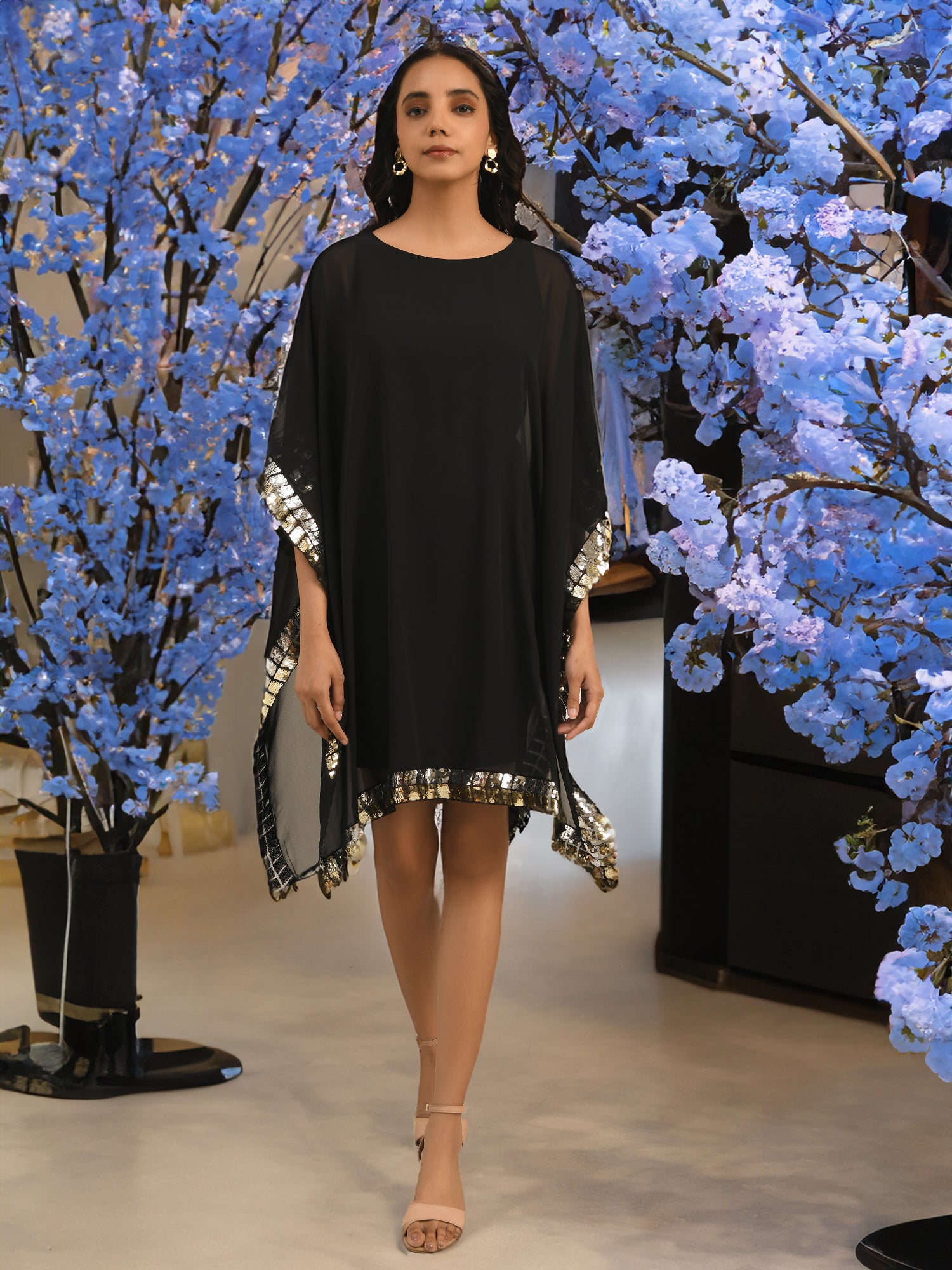 Black Dual Tone Sequins Cape Dress