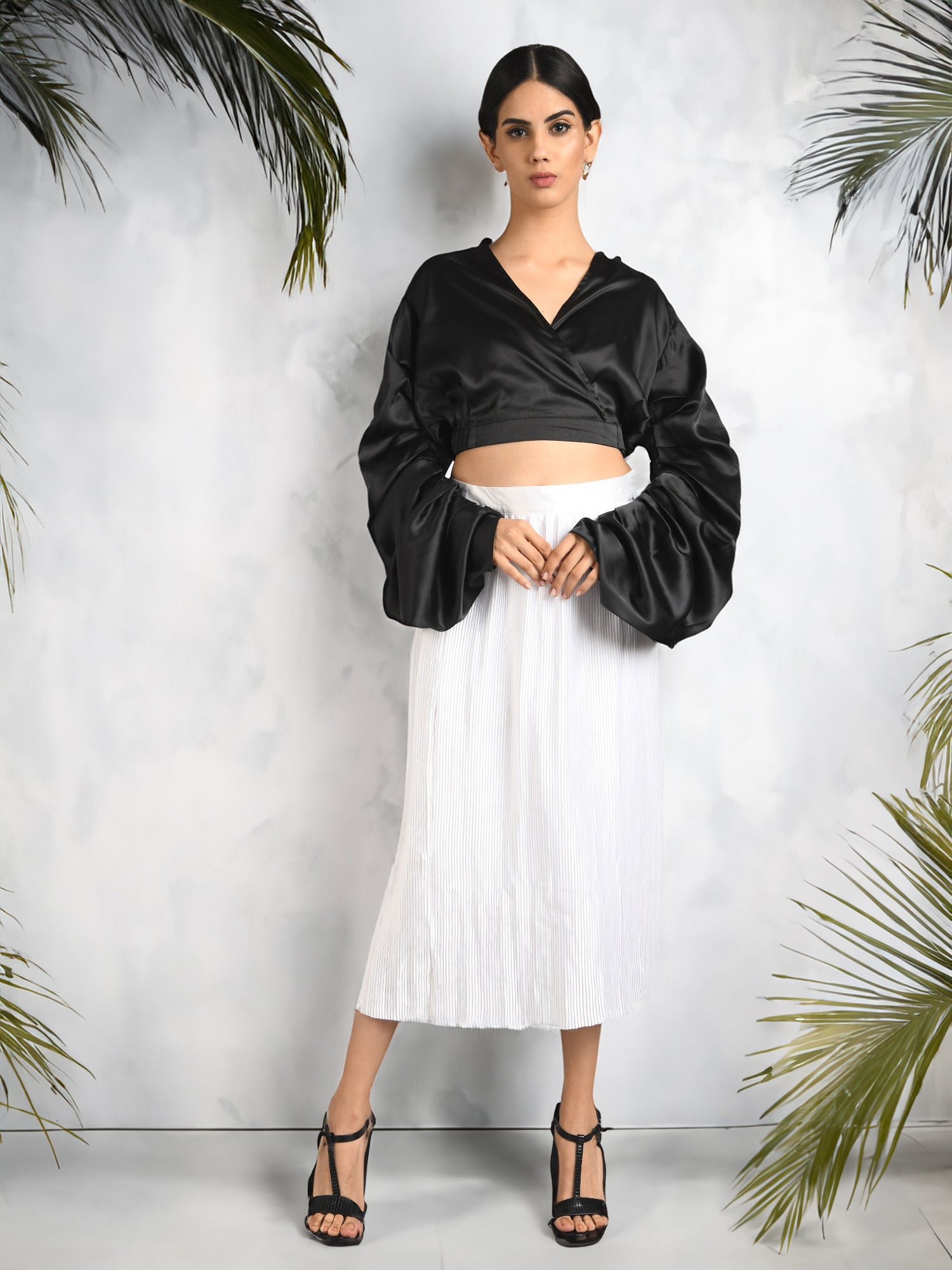 Folksy Pearl Black Satiny Crop Top