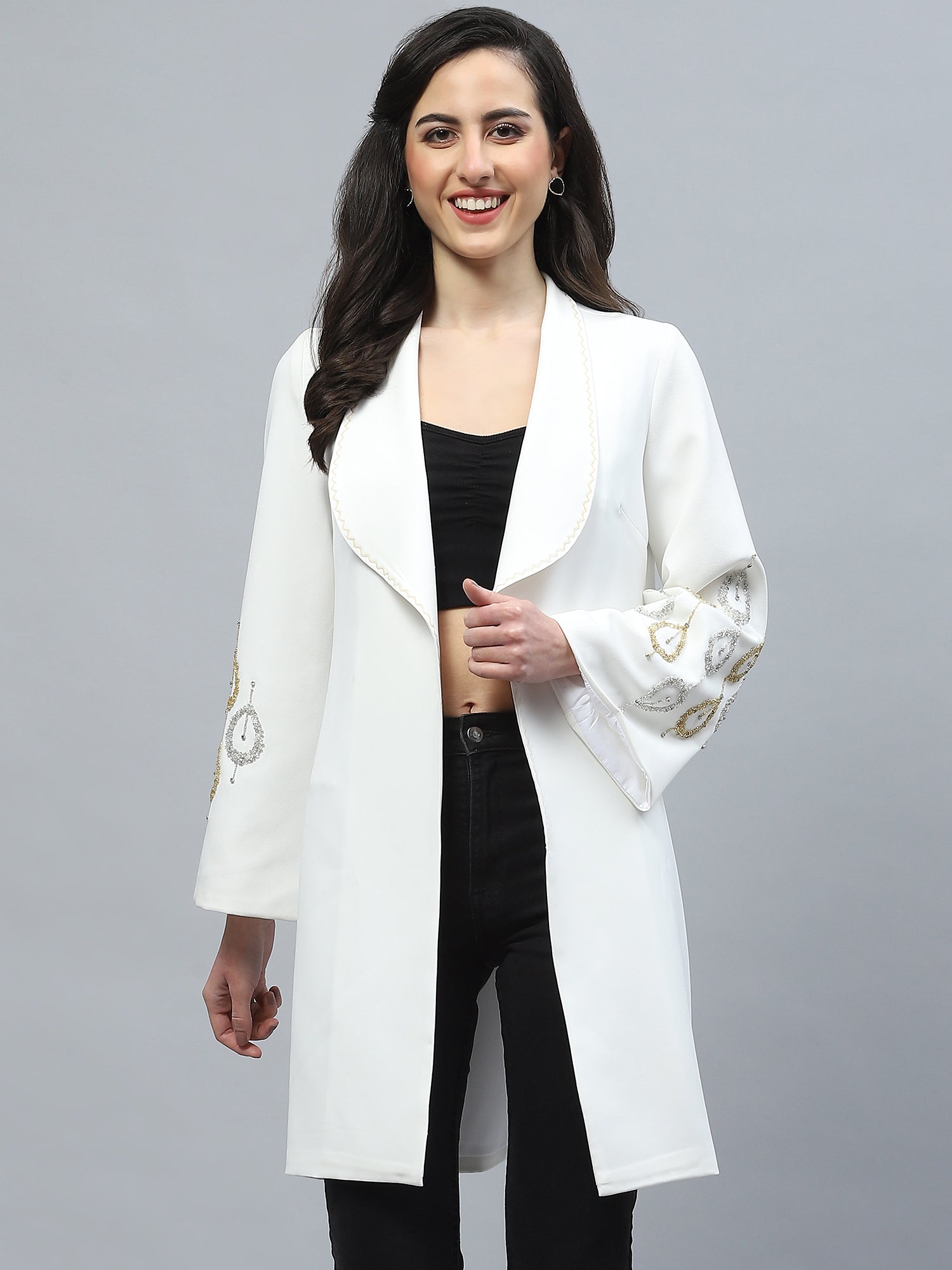 Long White Shrug With Gold Embroidery