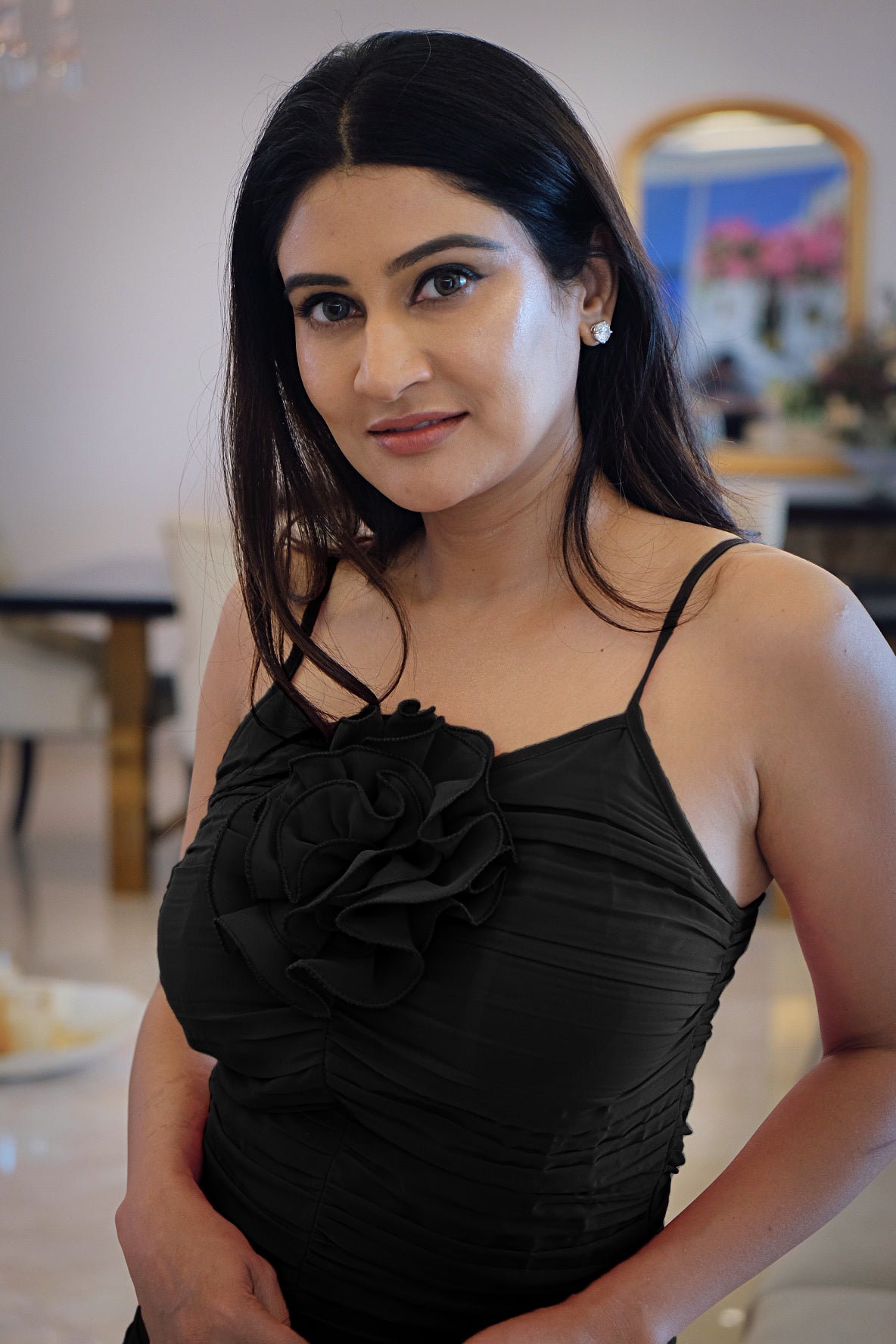 Black Blossom Ruche Dress