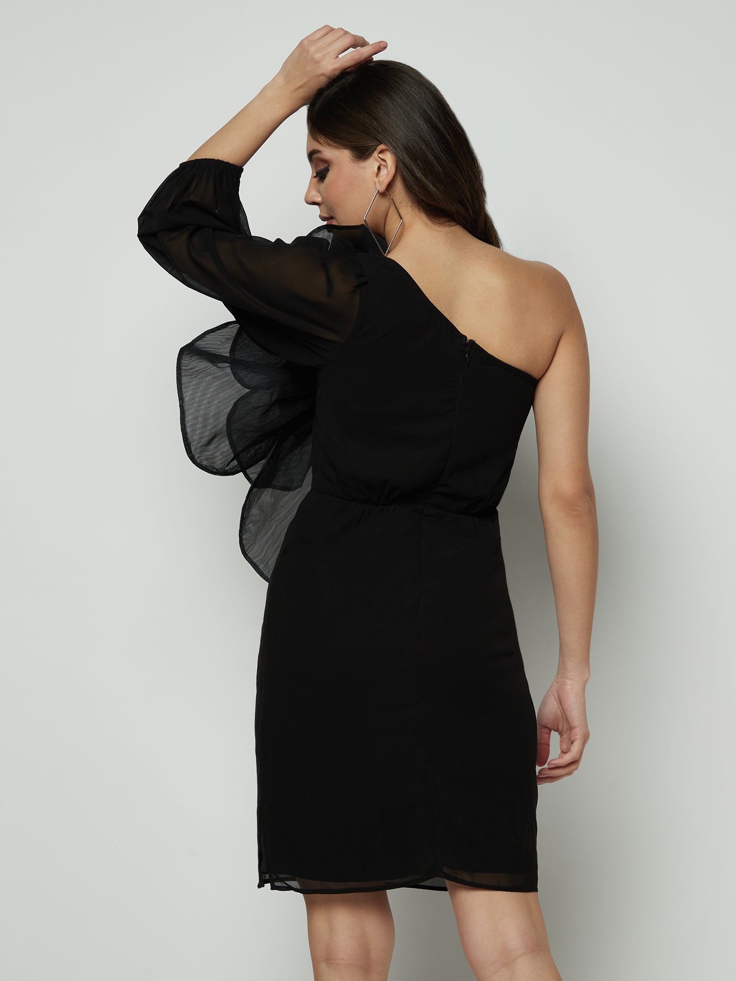 GRAND FLORAL MINI ONE SHOULDER BLACK DRESS