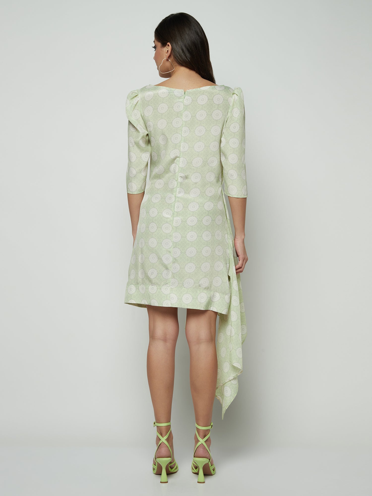 SUMMER DRAPPED WRAP-EFFECT LIGHT GREEN PRINTED MINI DRESS