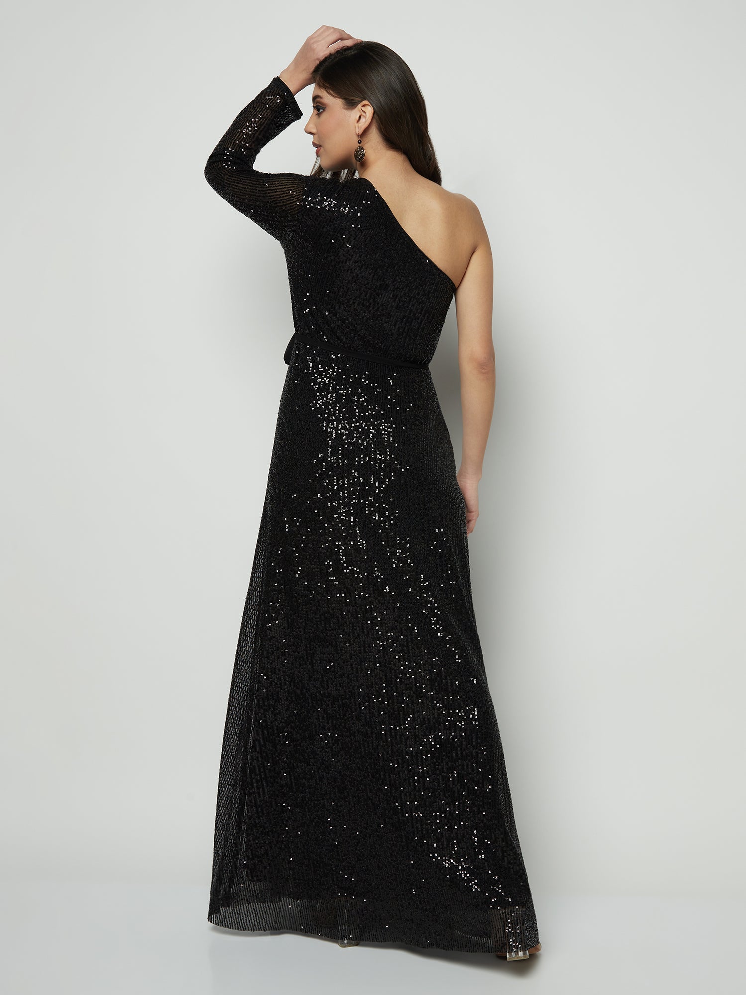 OFF SHOULDER BLACK ON BLACK SEQUIN GOWN