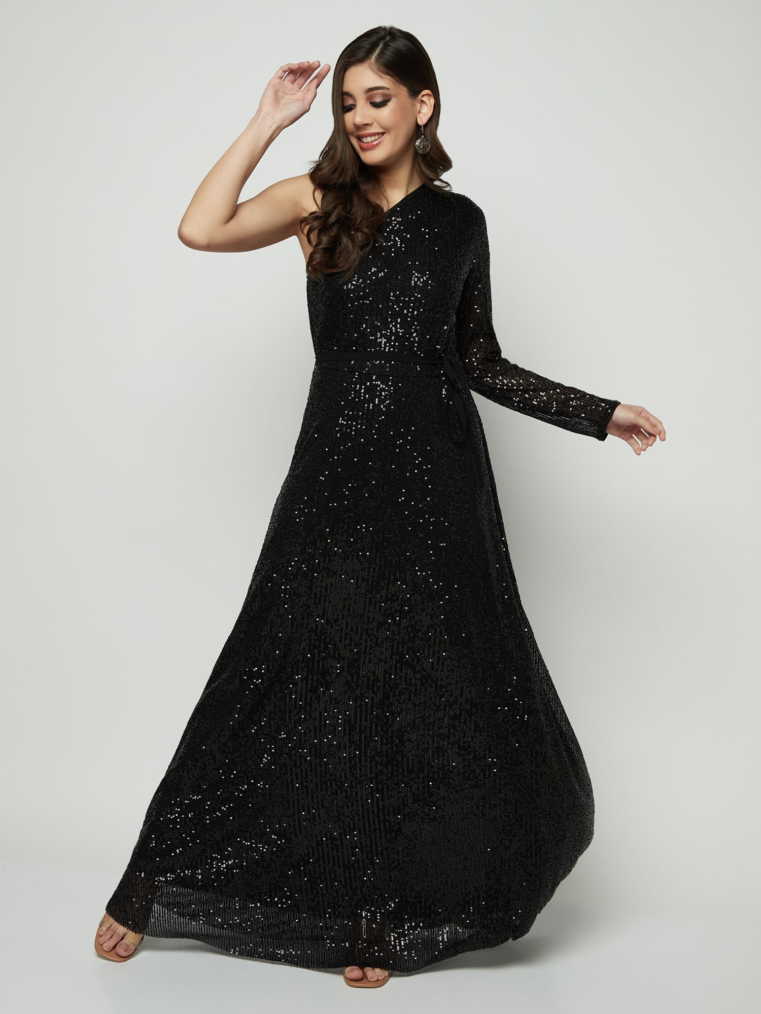 OFF SHOULDER BLACK ON BLACK SEQUIN GOWN