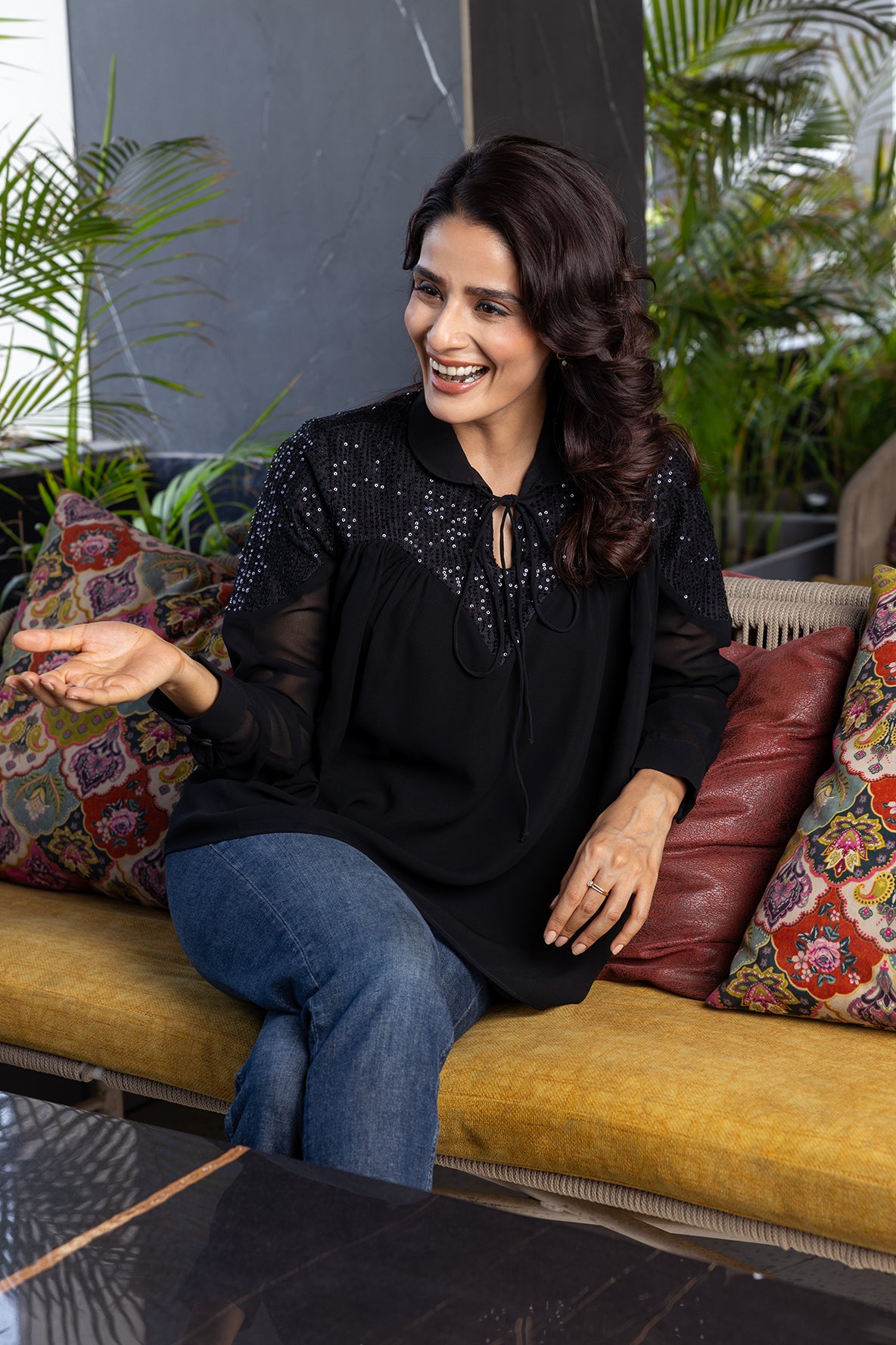 Black On Black Sequins Yoke Top
