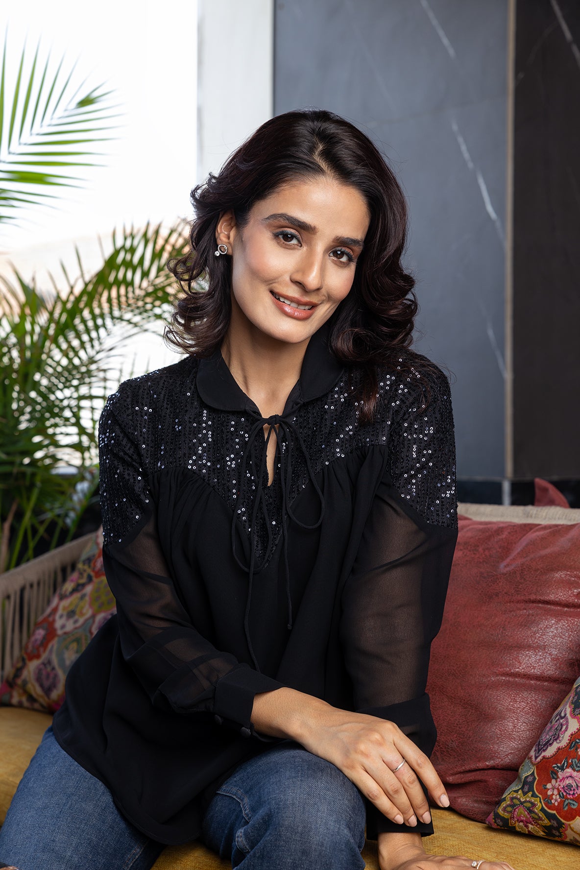 Black On Black Sequins Yoke Top
