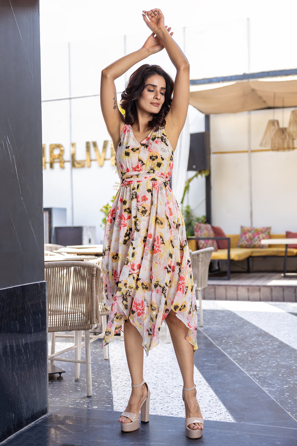 HIGH-LOW PRINTED MIDI DRESS