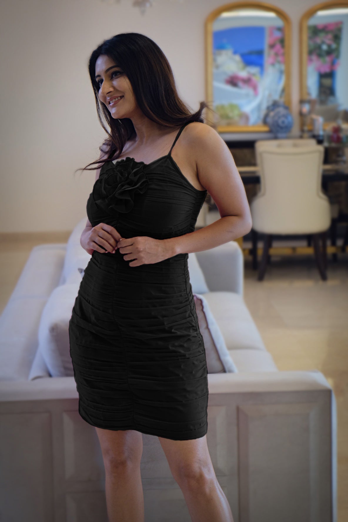 Black Blossom Ruche Dress