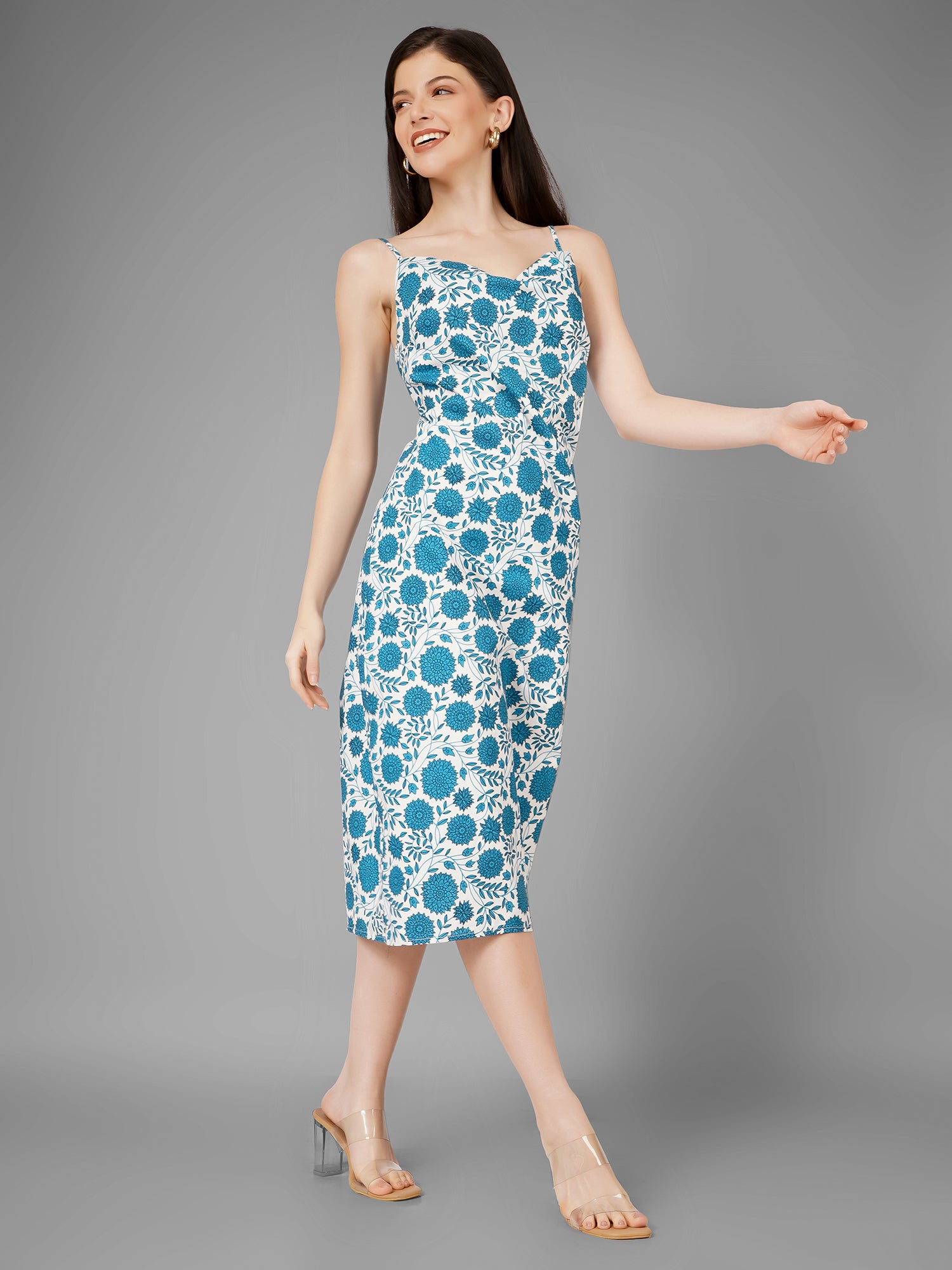 White & Blue Printed Midi Dress