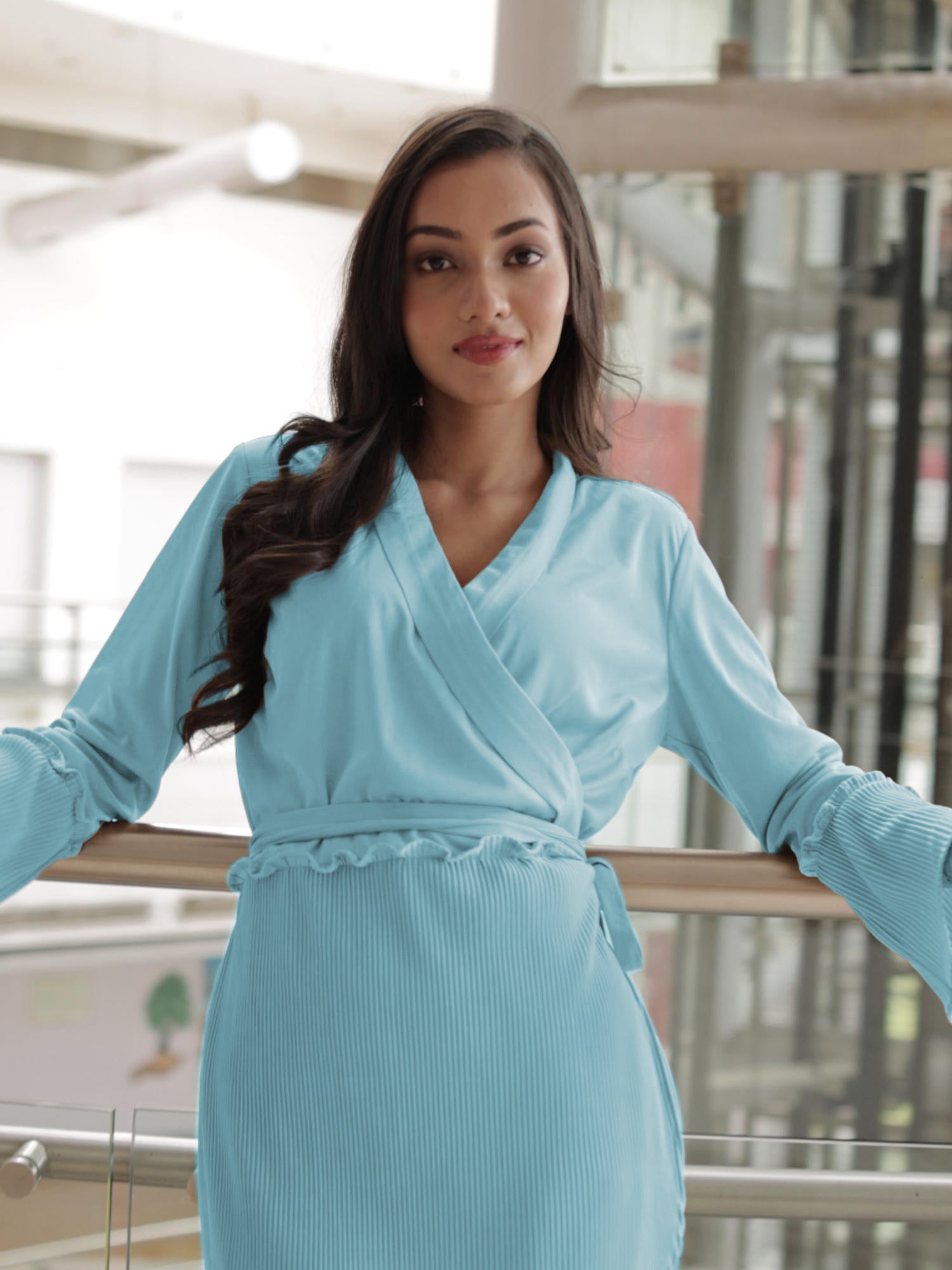 Wrap Dress Baby Blue Womens Dresses PLEATED WRAP BLUE KNIT DRESS