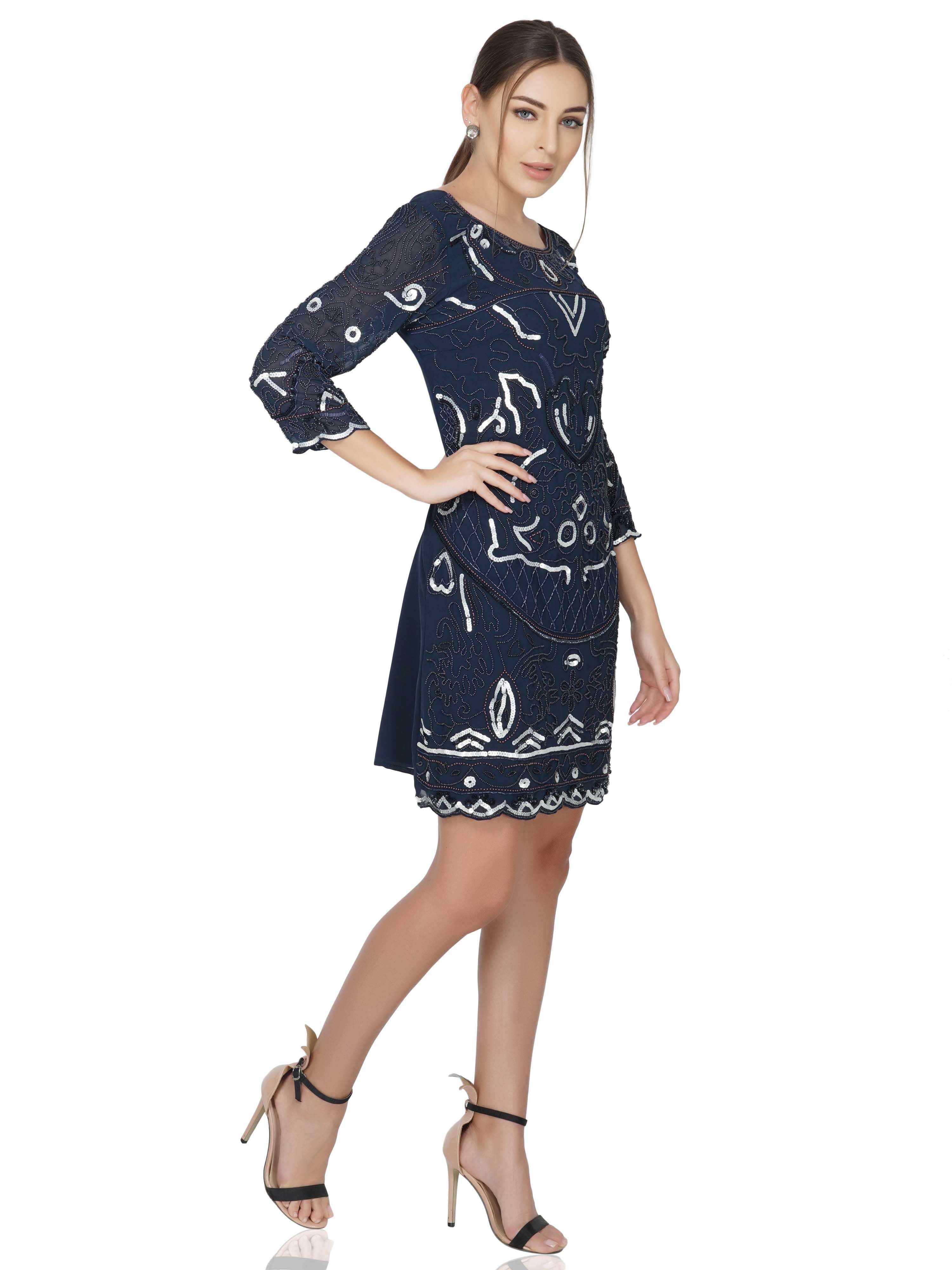 navy amp white embellished tulle stretch dress