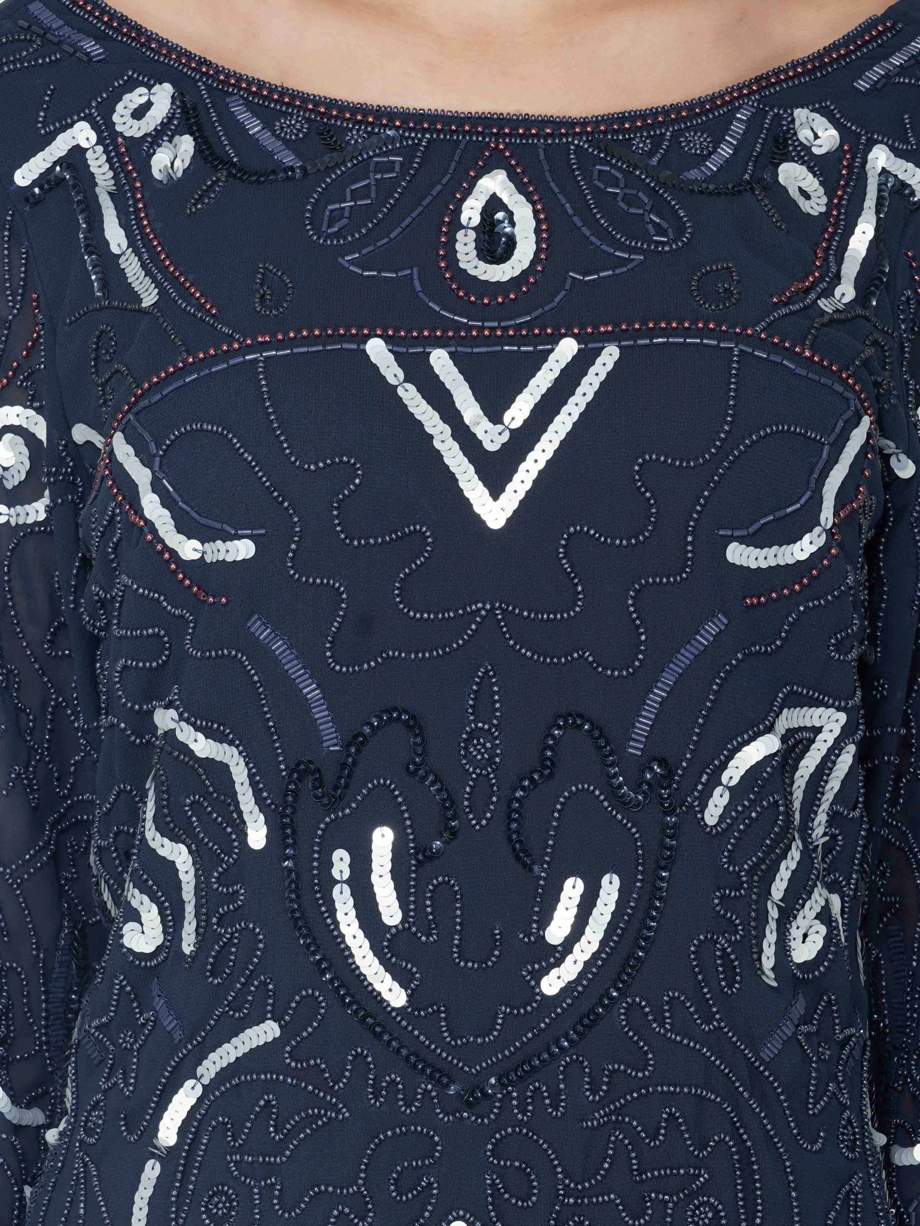 navy amp white embellished tulle stretch dress