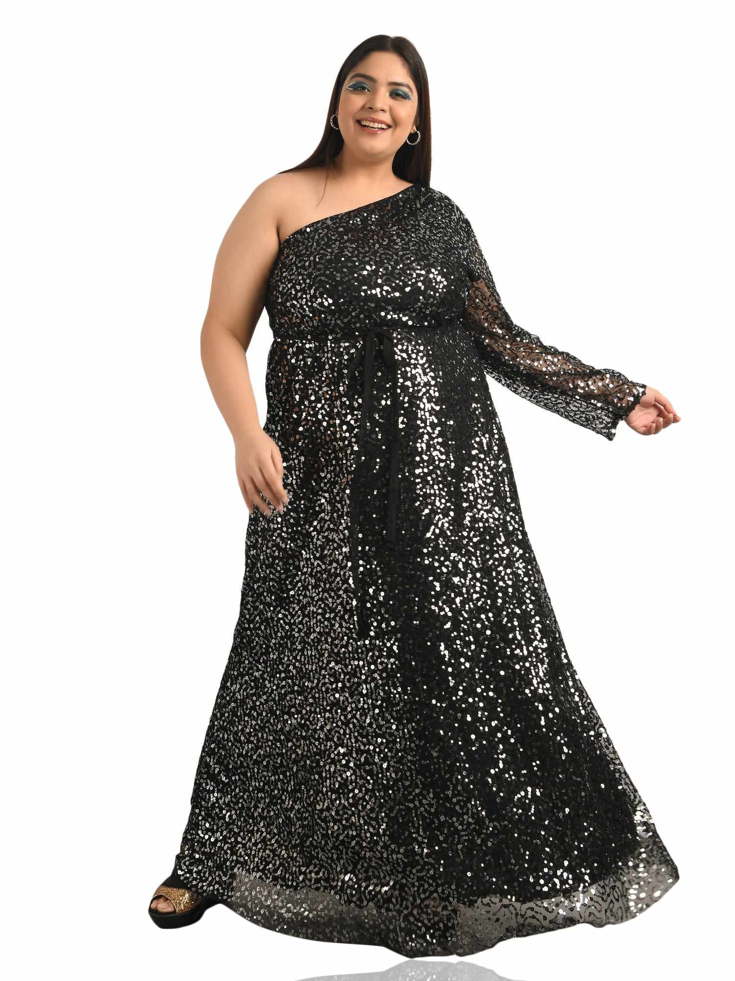 off shoulder black sequin gown