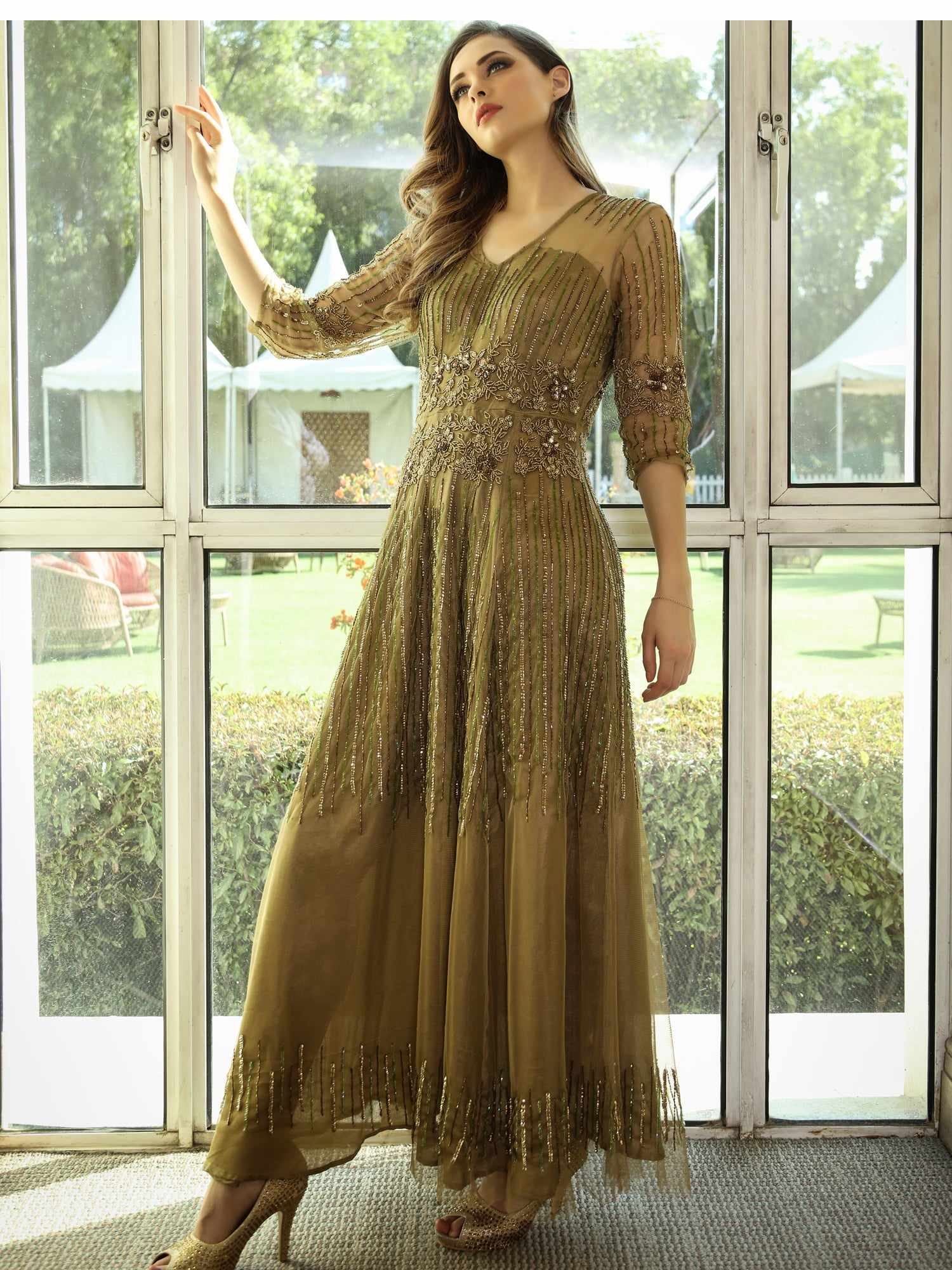 olive green embellished gown