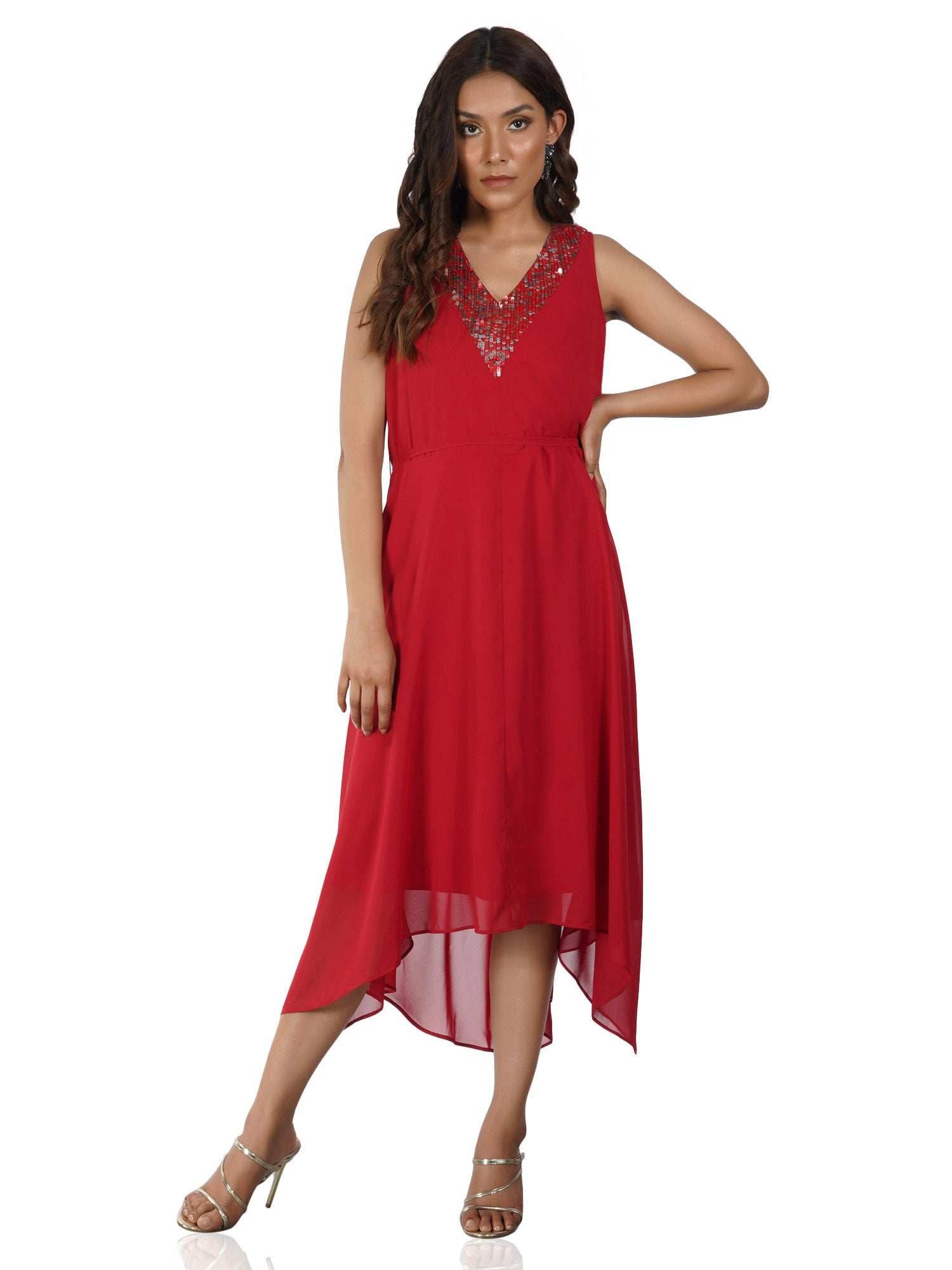 red silver sequins embellished dress