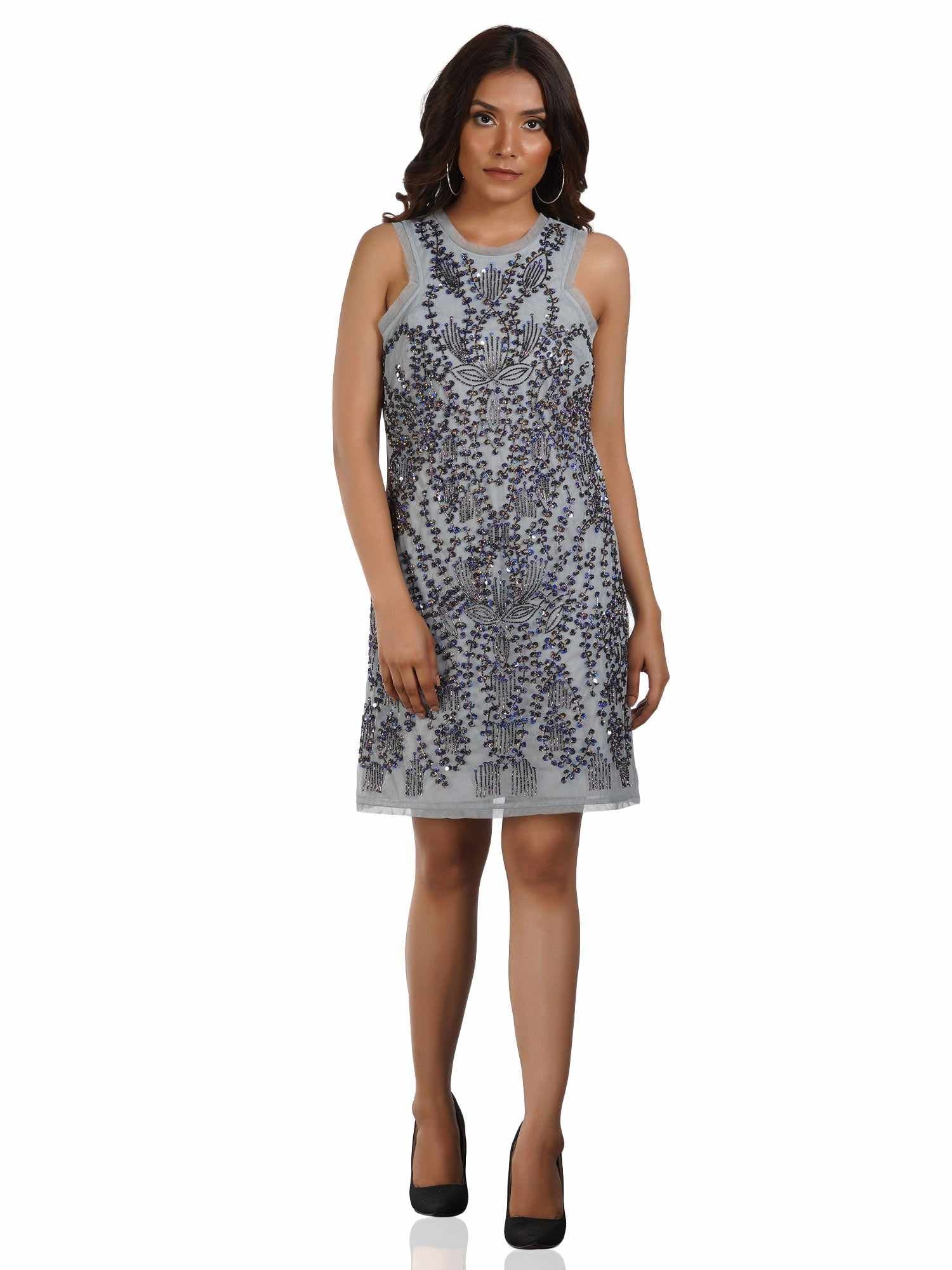 floral motifs jewel neck grey stretch dress