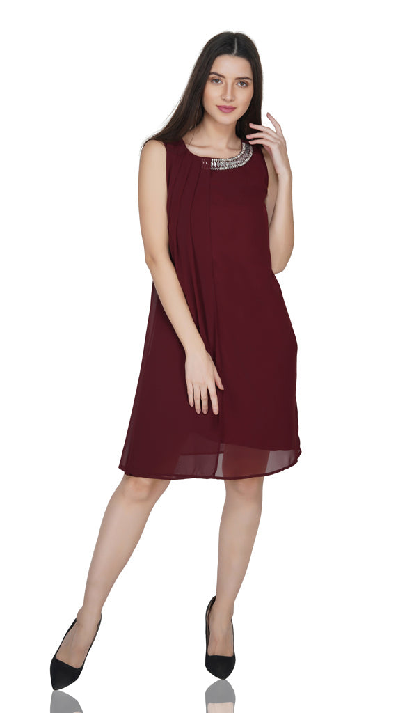 mirror neck pleated panel dress