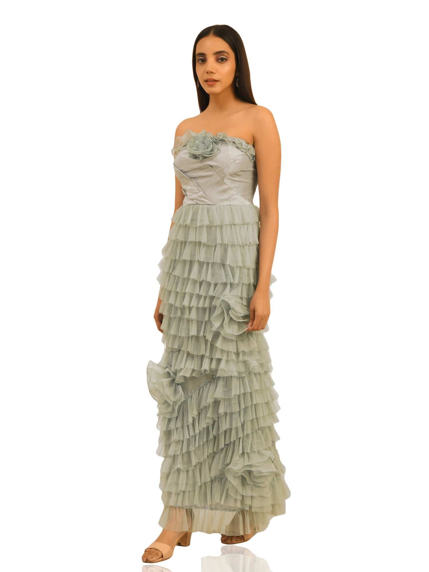 prom night ruffled grey gown
