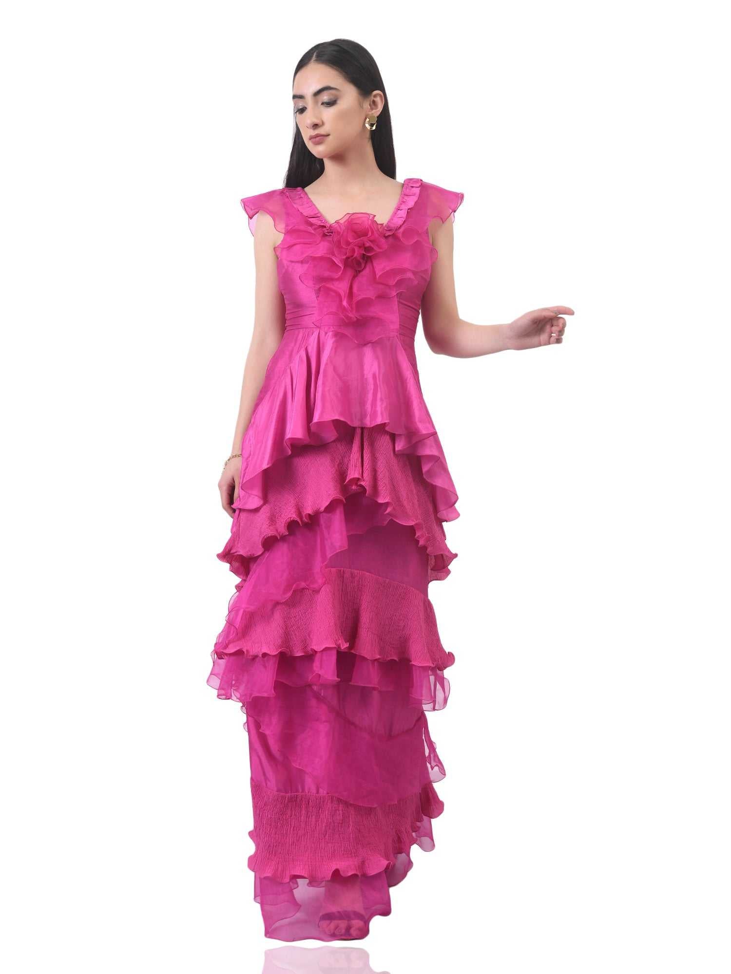 fushcia pink tier gown
