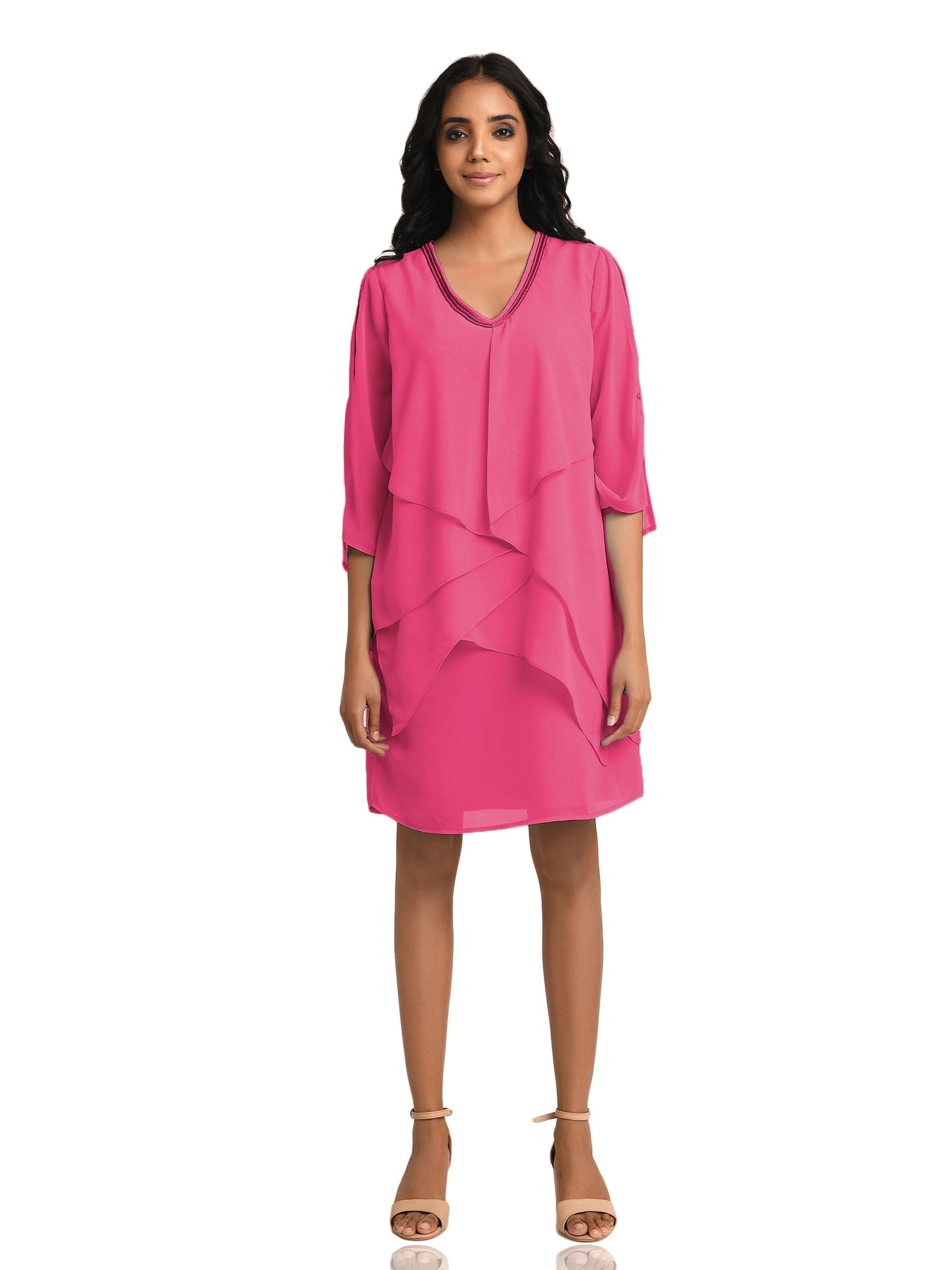 tiered pink v neck dress