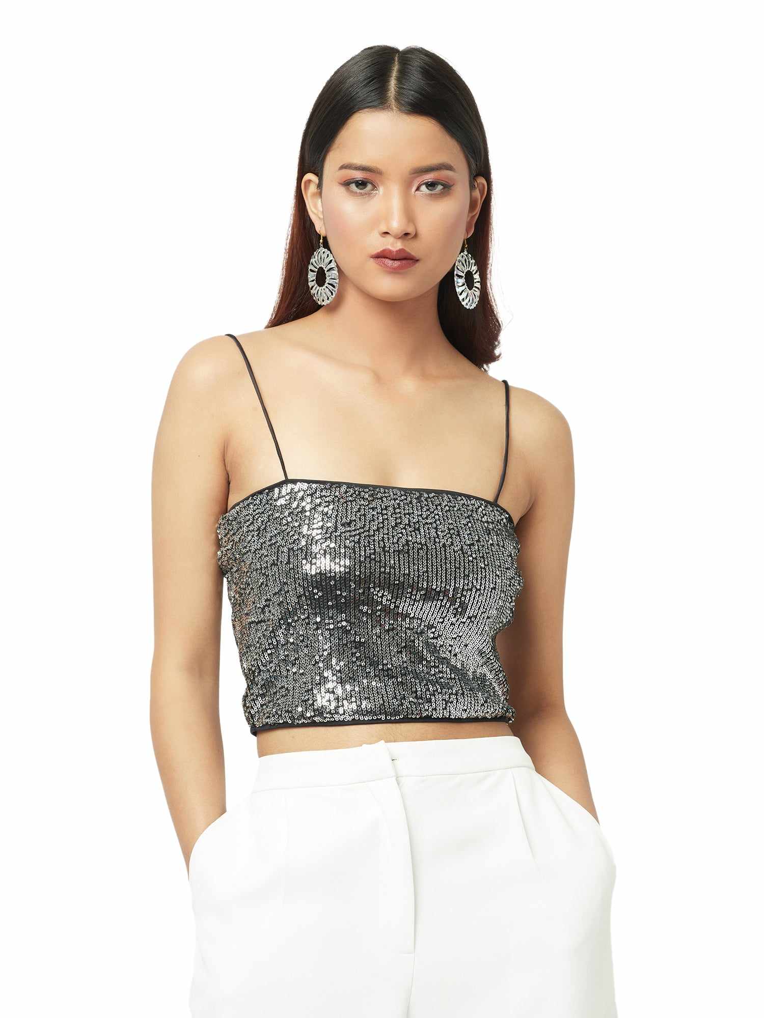 glistening black strappy tank top