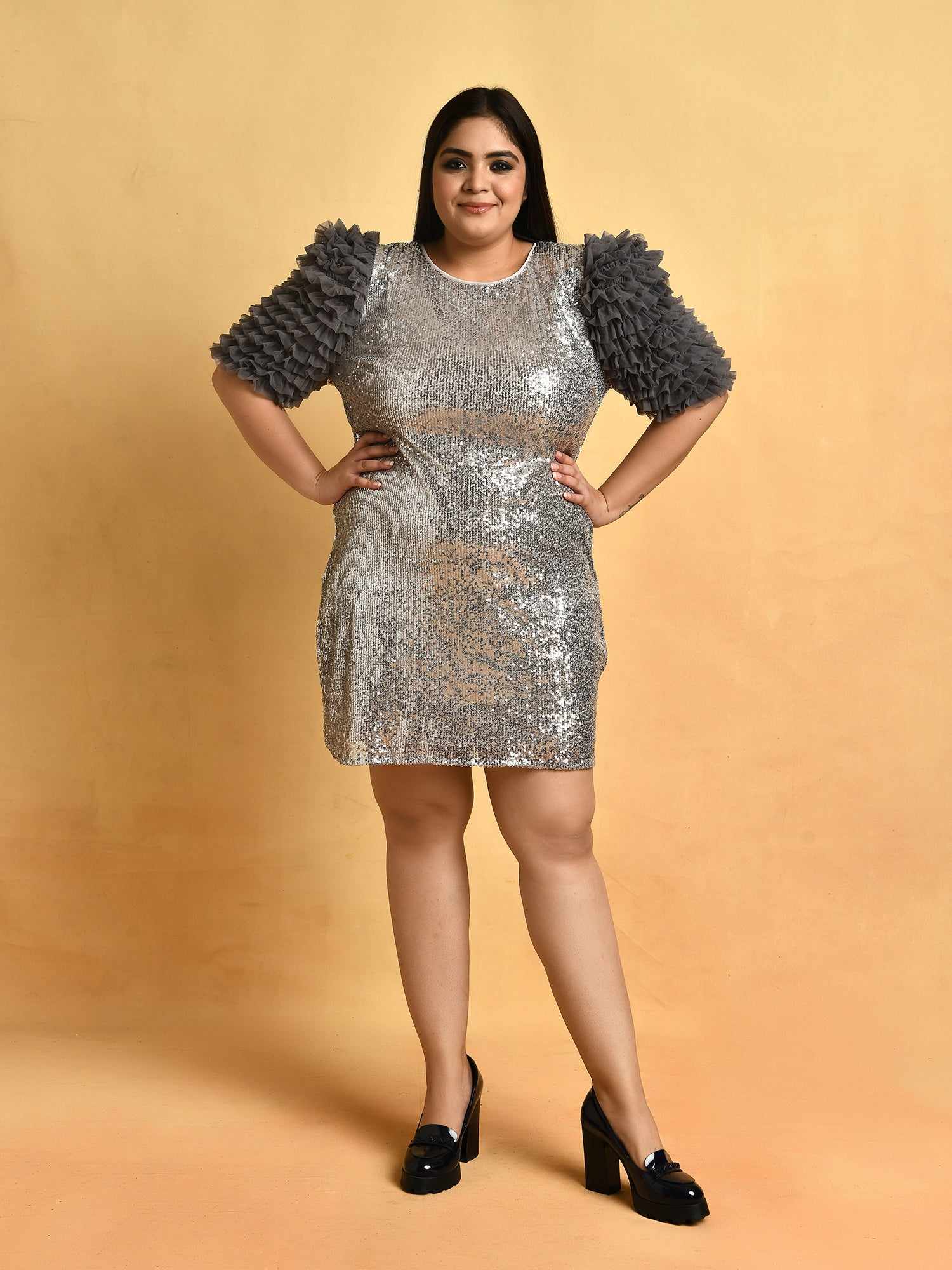 attic curves dramatic sleeve ruffle dress