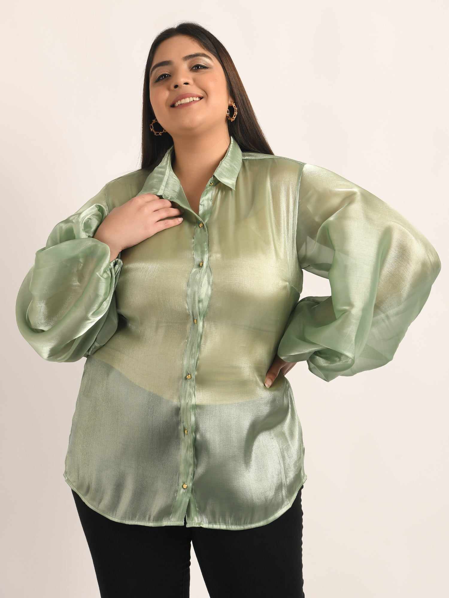 attic curves lime green billowy sleeved glass organza shirt