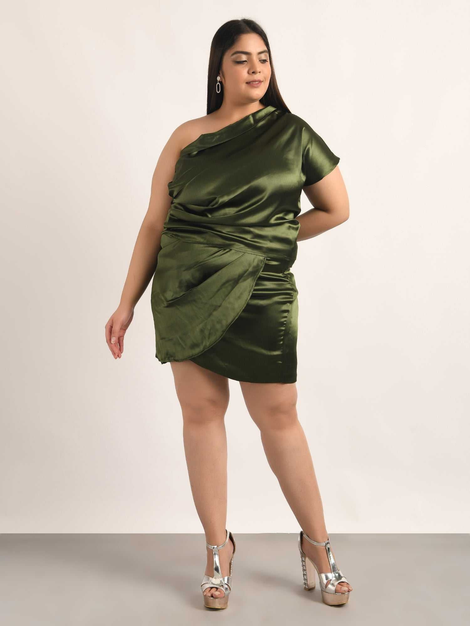 attic curves shiny satin olive green pleated wrap skirt