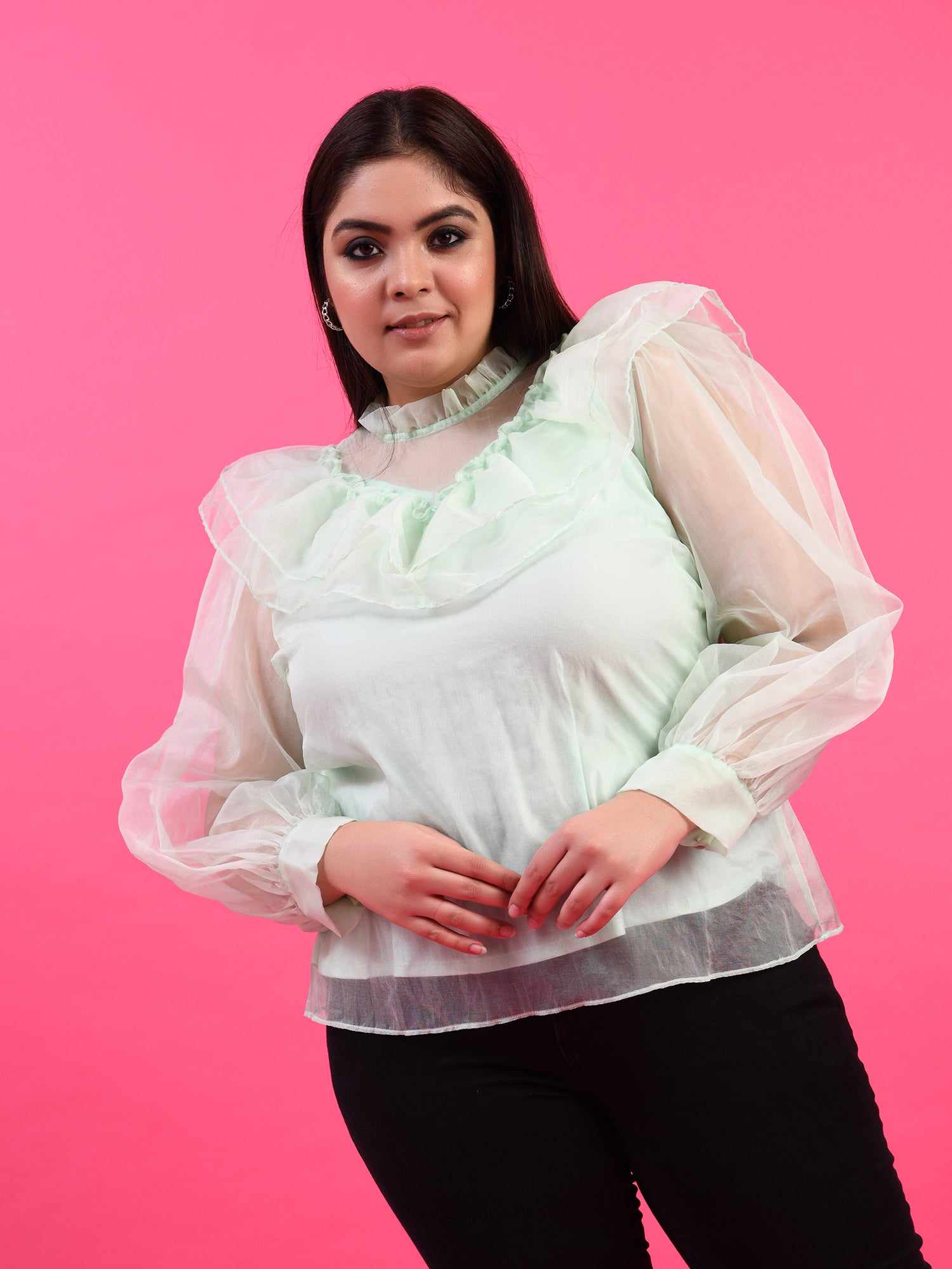 attic curves sheer top in shade of light green
