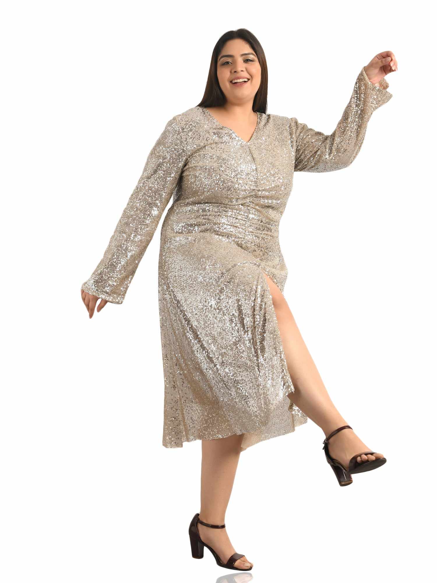 pretty please silver midi dress