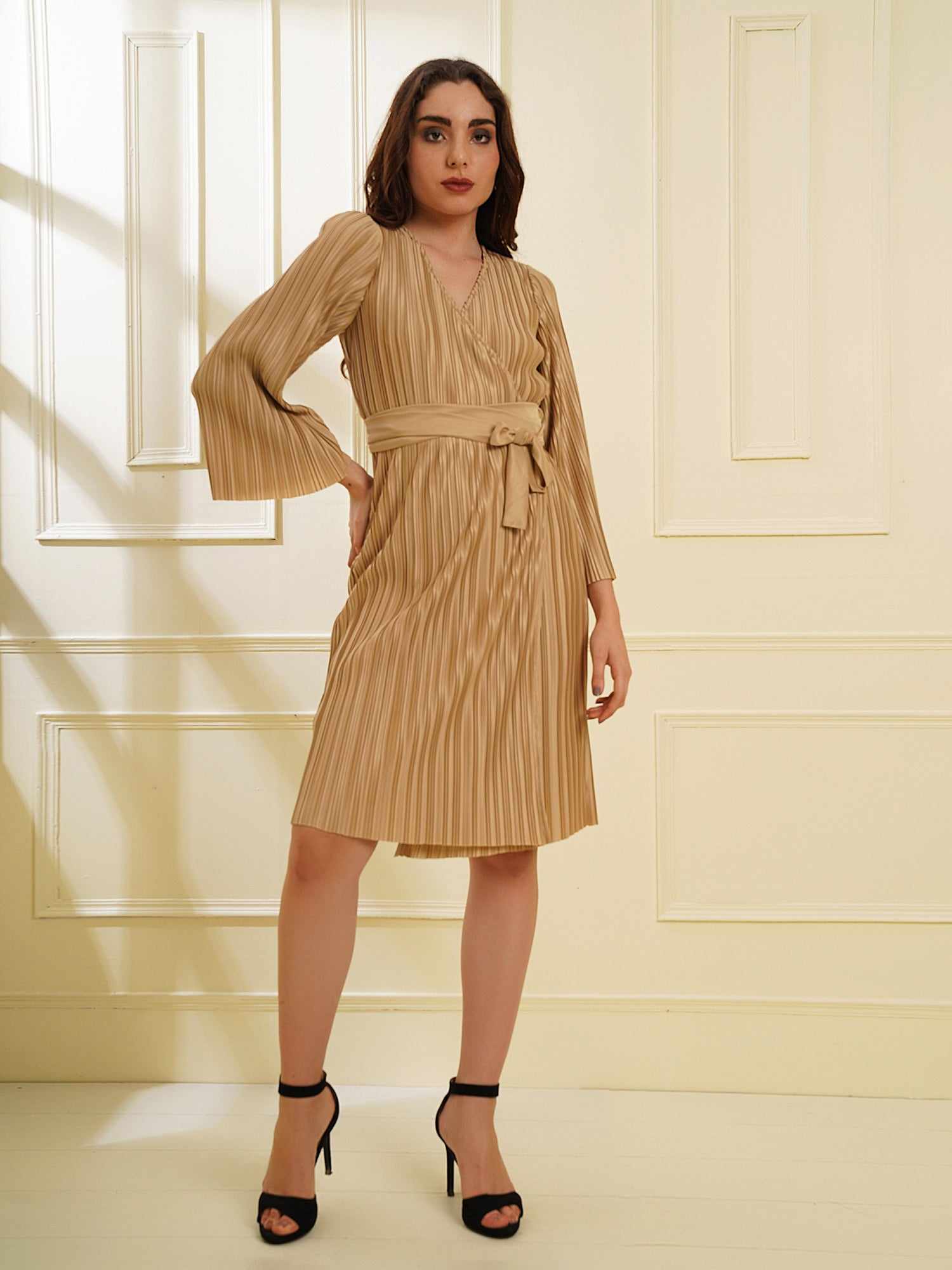 pleated beige wrap knit dress