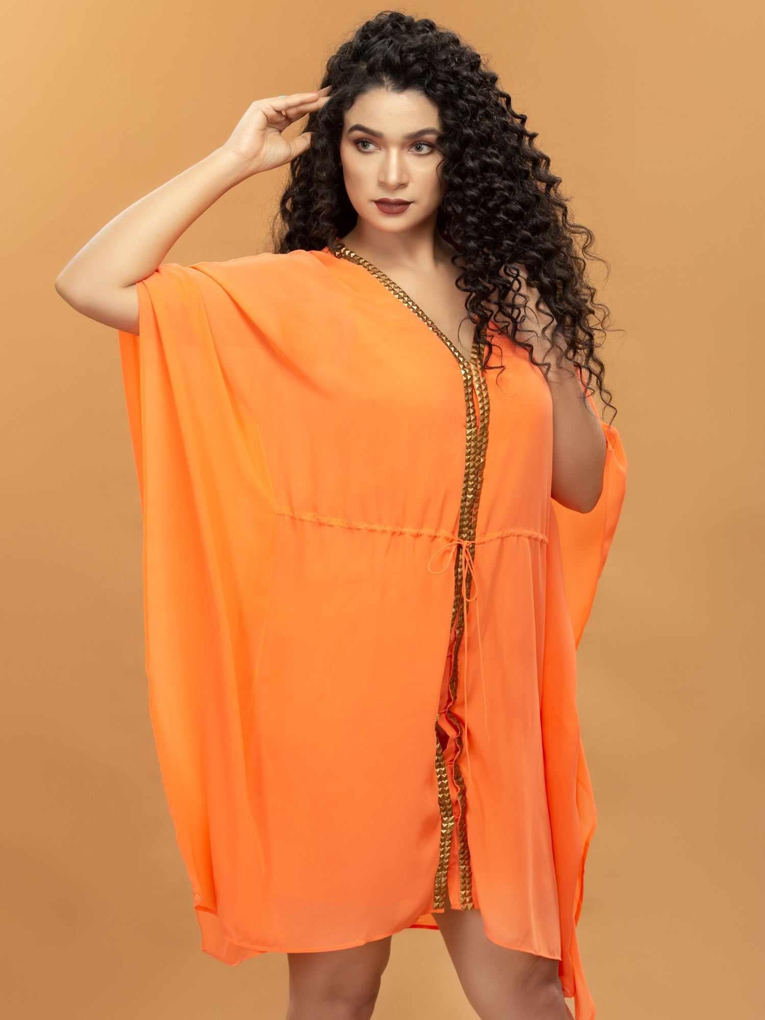 gold embroidered orange kaftan dress