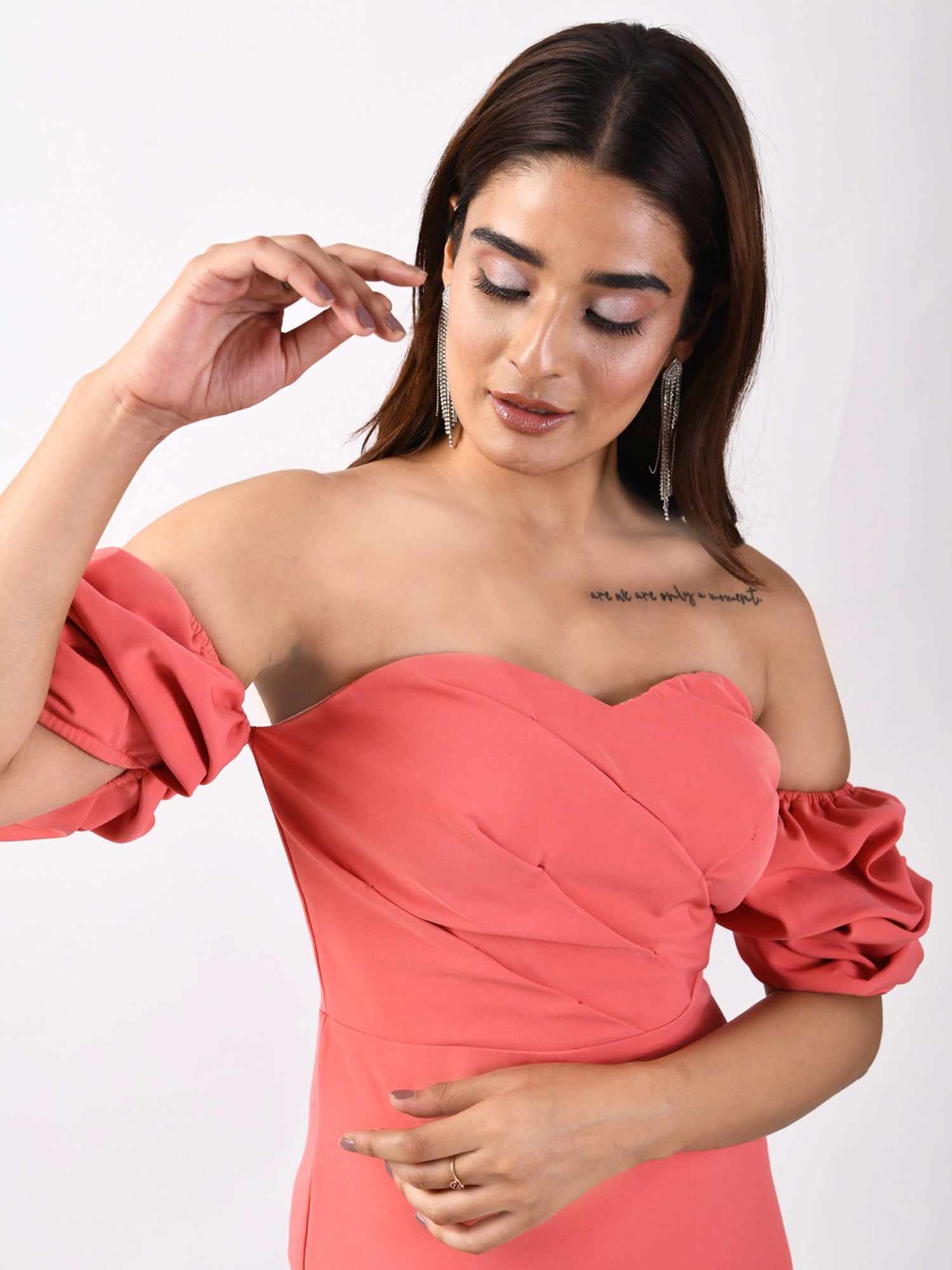 peach pink squesh balloon ruffle sleeve dress