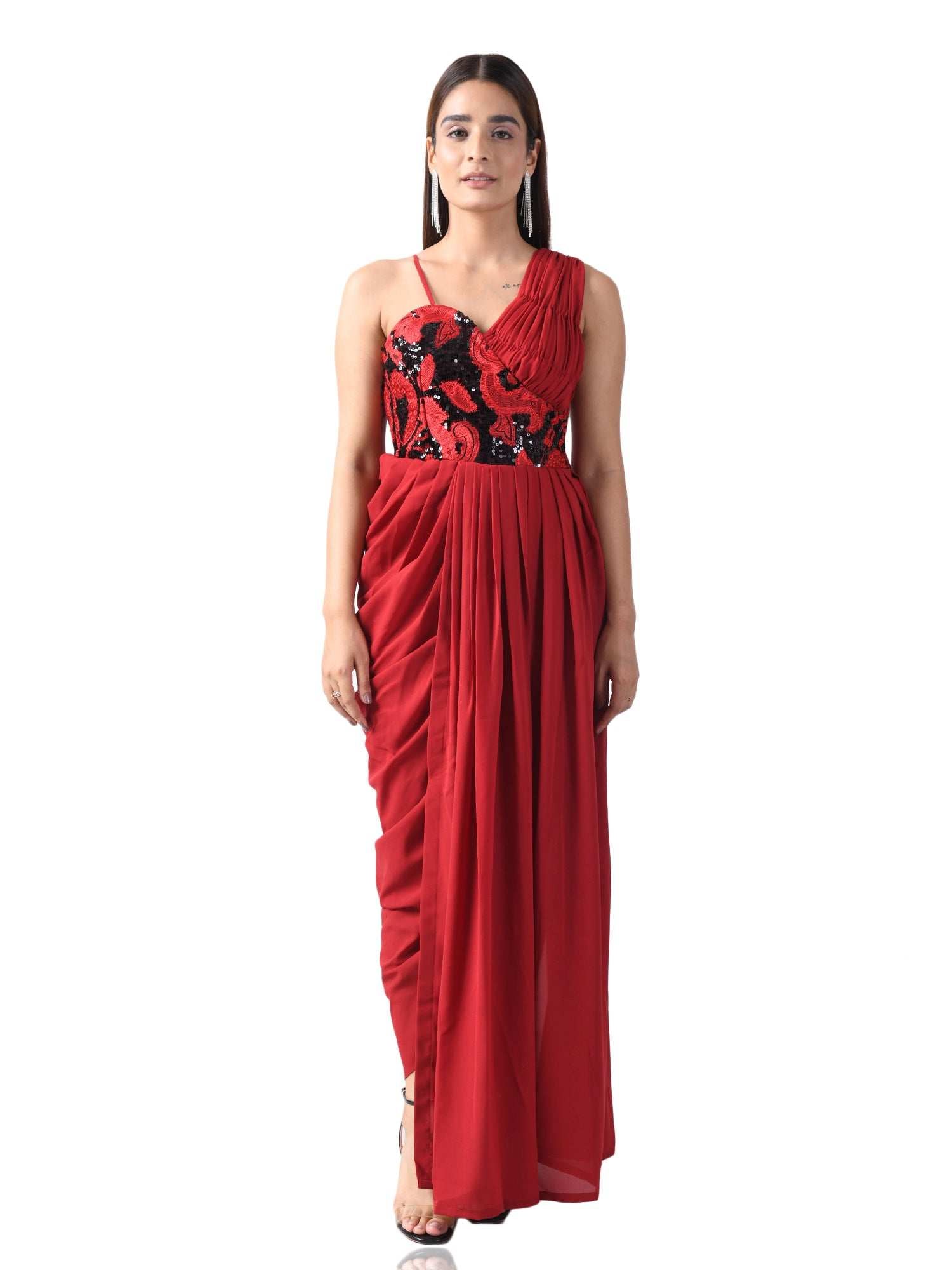 paola embroired corset red draped dress