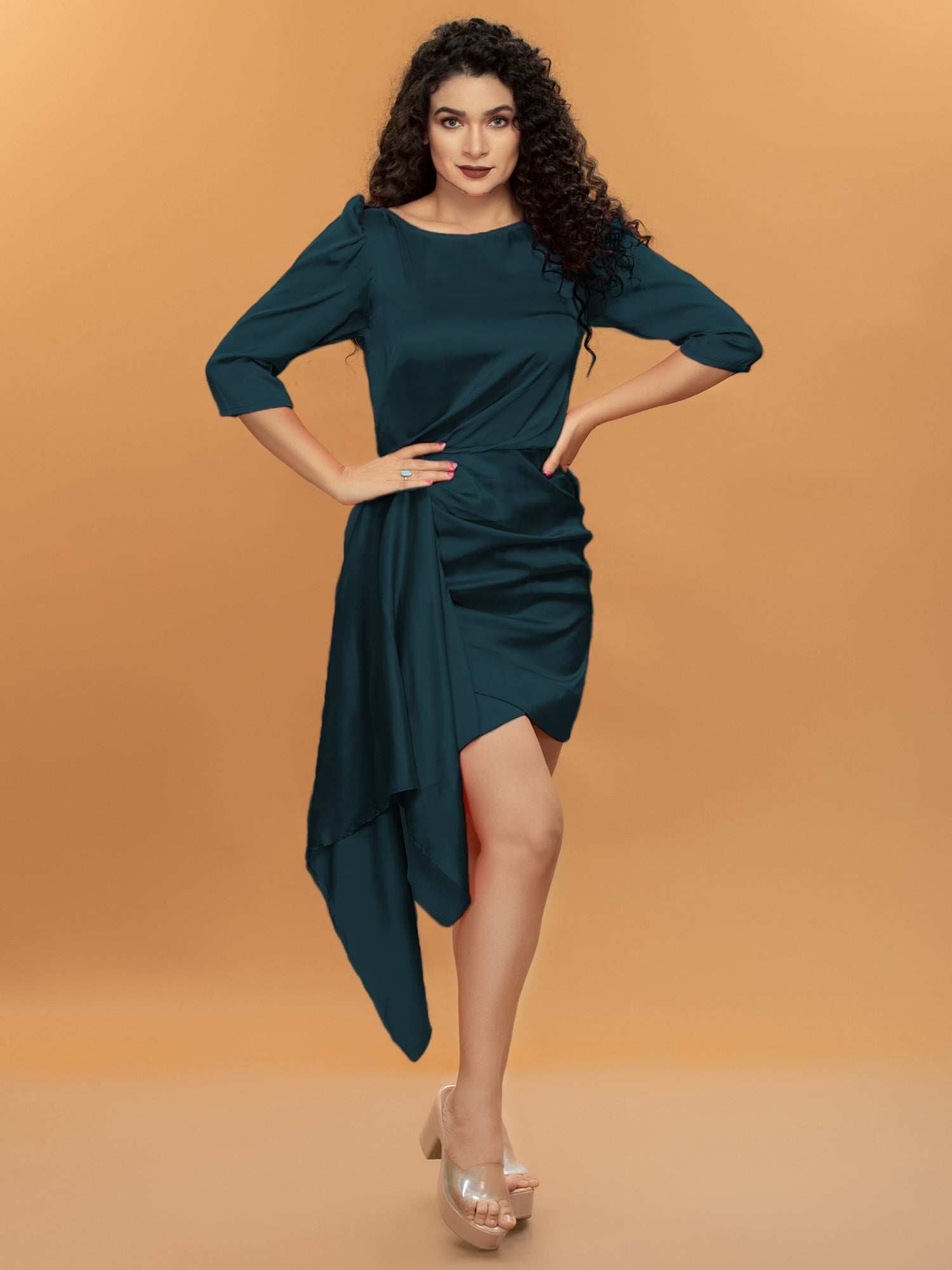 drapped wrap effect turquoise satin mini dress