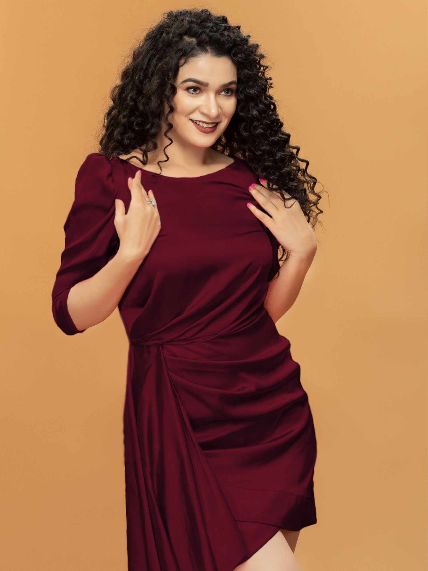 drapped wrap effect wine satin mini dress