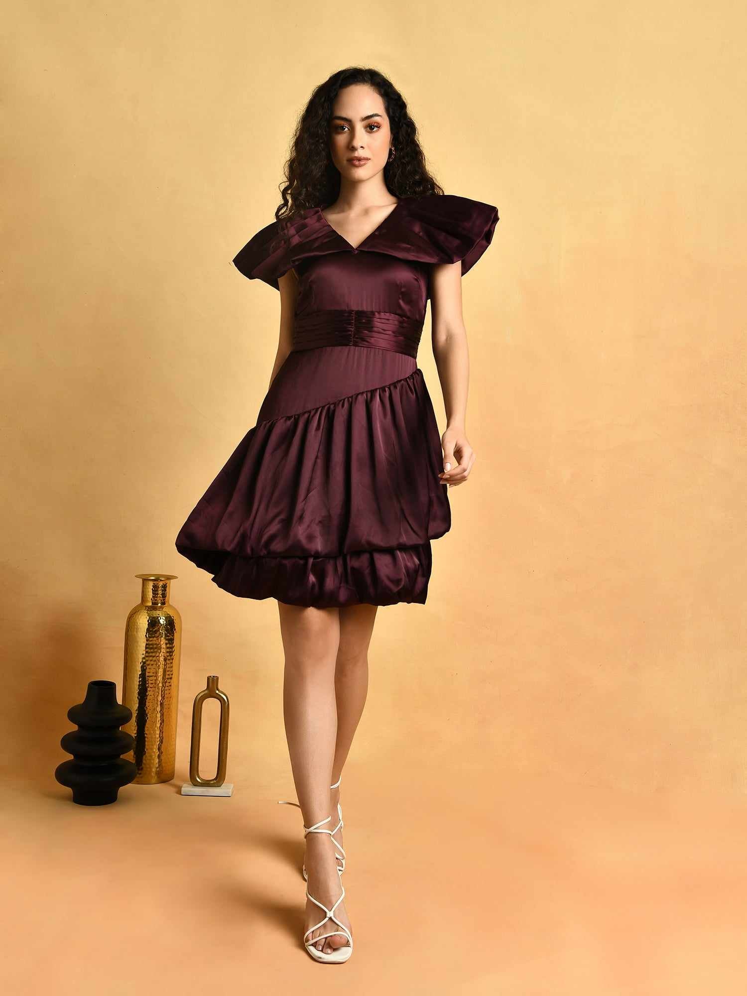 flouncy ruche wine dress